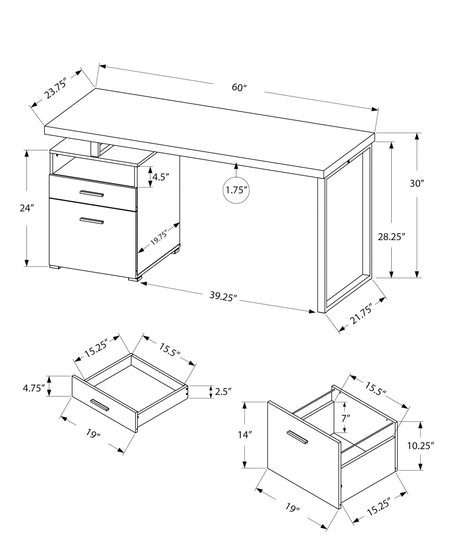 Monarch Specialties Computer Writing Desk for Home & Office Laptop Table with Drawers Open Shelf and File Cabinet-Left or Right Set Up, 60" L, White