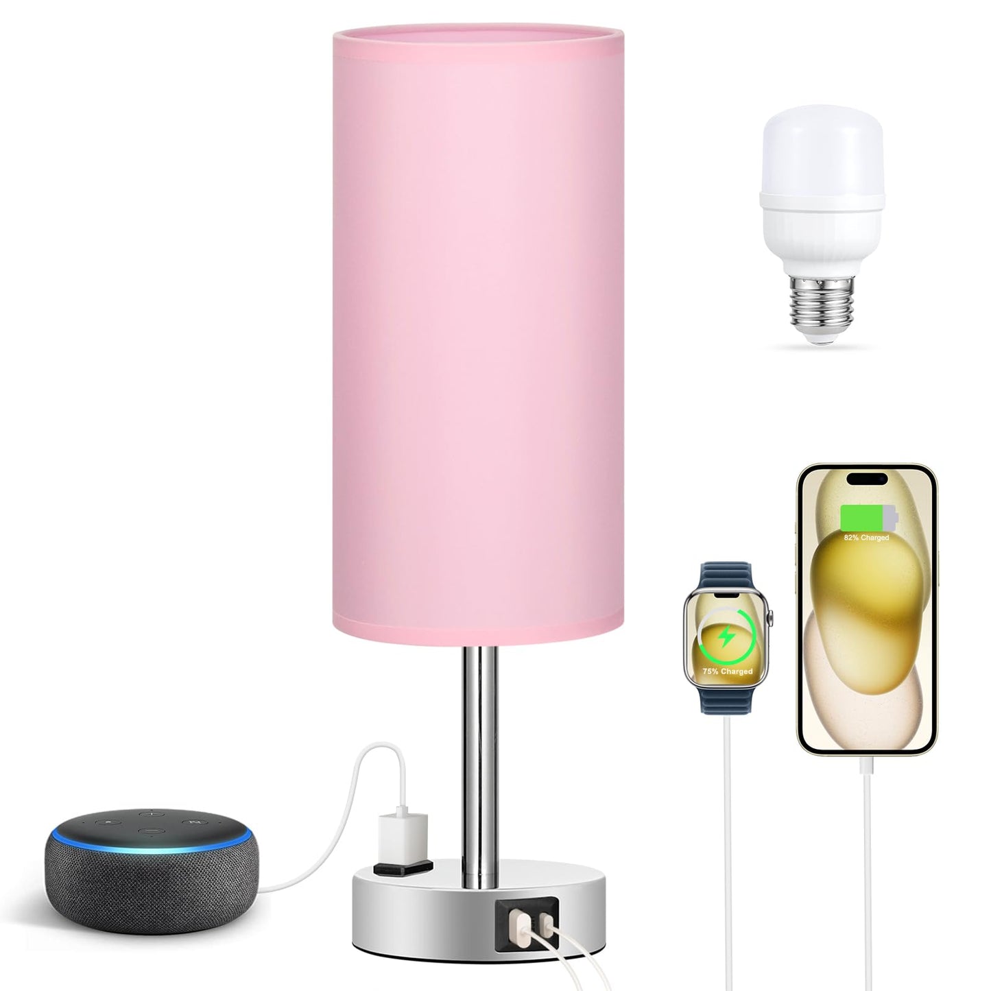 Fenmzee Pink Lamp for Bedroom Nightstand - 3 Way Dimmable Touch Table Lamp USB C Charging Ports, Small Lamp with AC Outlet for Desk Girls Room, LED Bulb Included