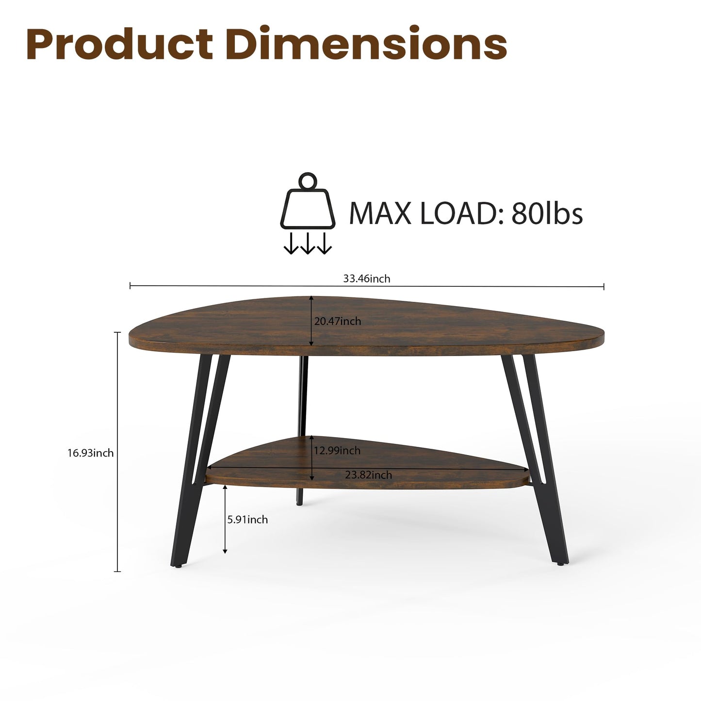 MWOOD Triangle Coffee Table, 33.5″Industial Center Table with Brown Top Surface&Black Metal Leg, Extra Storage Shelf for Living Room, Apartment(Rustic Brown&Black)