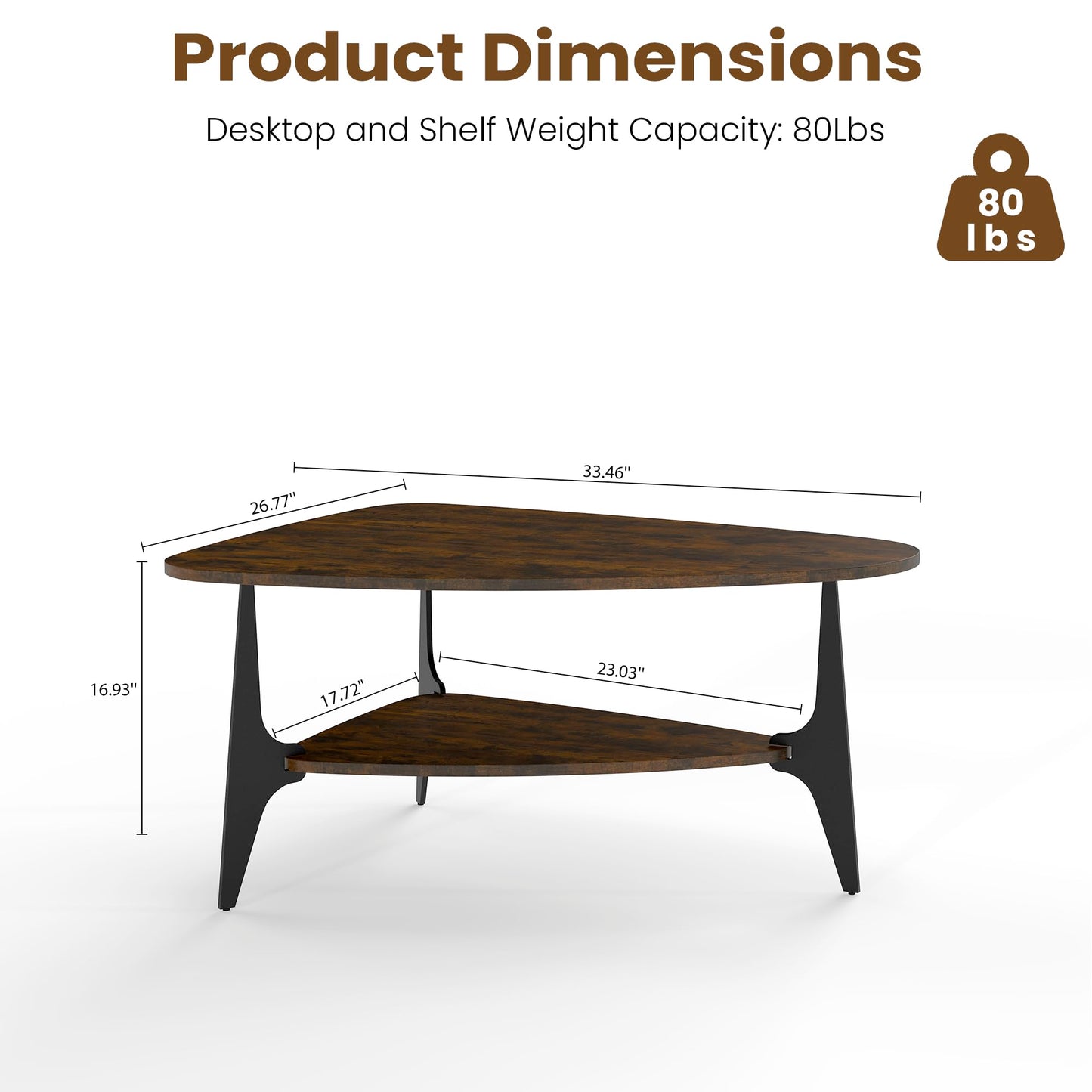 MWOOD Triangle Coffee Table, 33.5″ Modern Coffee Table with Storage Shelf, Waterproof Easy to Clean Center Table for Living Room, Apartment, Rustic Brown