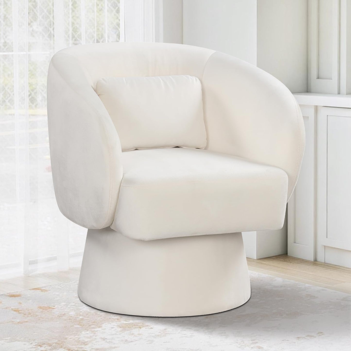 Giantex Swivel Accent Chair, Upholstered Barrel Chair with Curved Back & Removable Lumbar Pillow, Comfy Round Armchair with 360° Rotating Function, Single Sofa Chair for Living Room
