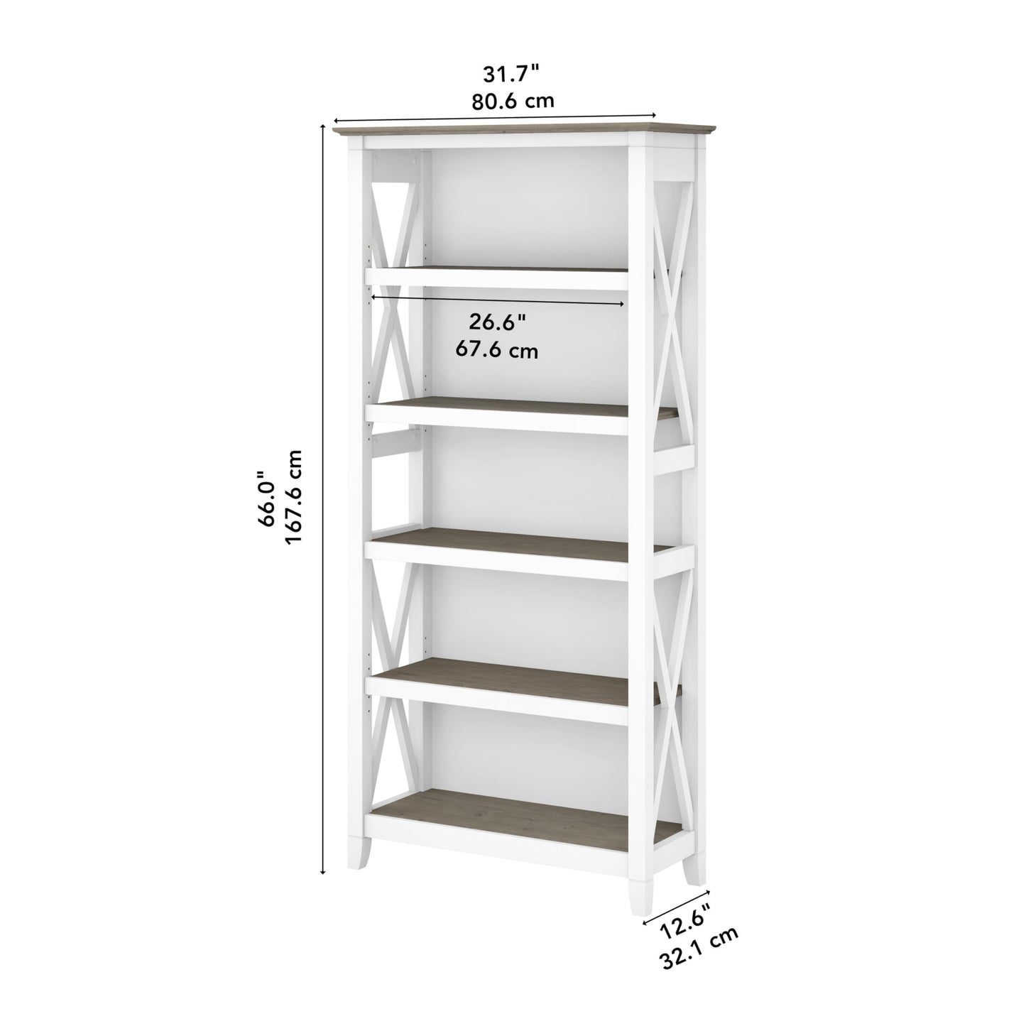 Bush Home Tall 5 Shelf Bookcase for Living Room or Home Office, Large Bookshelf, Modern Farmhouse Style, Key West Collection, Pure White and Shiplap Gray