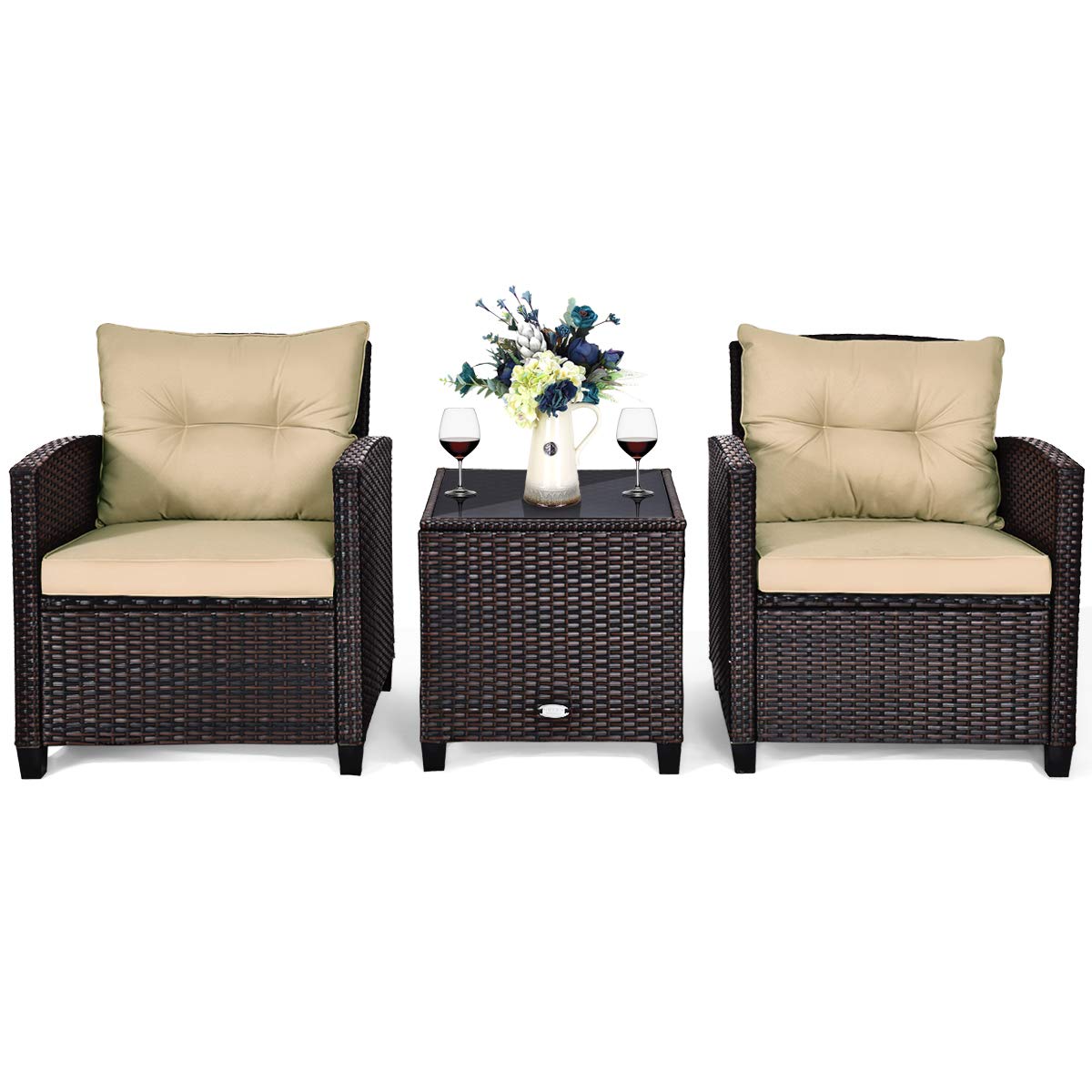 Tangkula 3 Pieces Patio Furniture Set, PE Rattan Wicker 3 Pcs Outdoor Sofa Set w/Washable Cushion and Tempered Glass Tabletop, Conversation Furniture for Garden Poolside Balcony (Beige)
