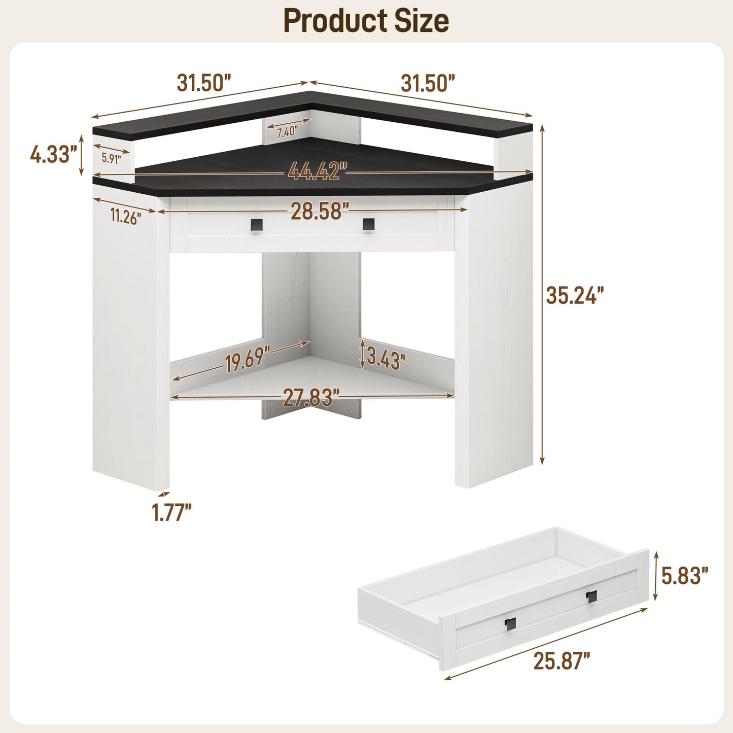 Small Corner Desk, Corner Desk for Small Space, Farmhouse Computer Desk with Drawer, Triangle Computer Desk with Storage Shelf and Monitor Stand for Home Office, Living Room (Rustic White/Black)
