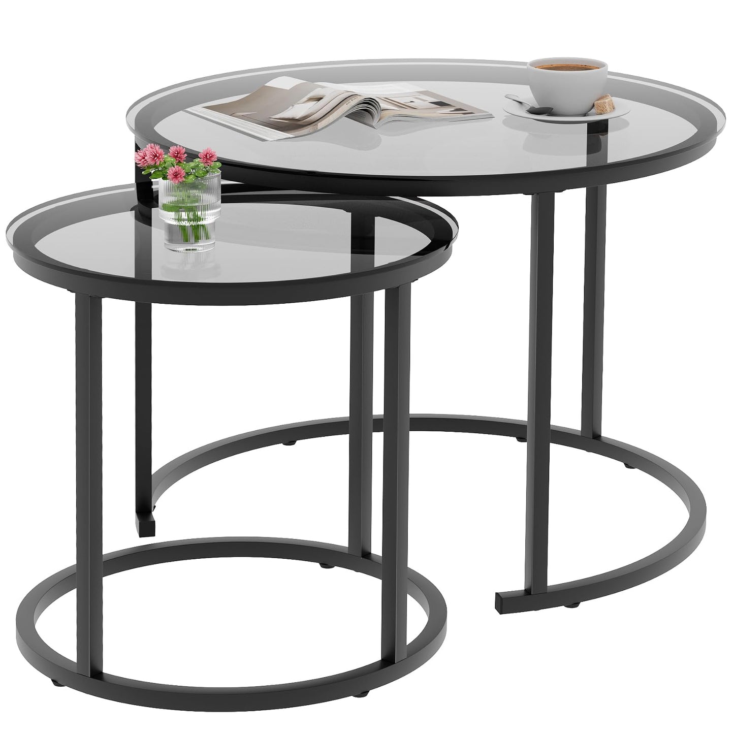 aboxoo Nesting Coffee Table Grey Glass Table Set of 2, Small Round Glass Nesting Tables for Living Room Bedroom, Accent Tea Table with Metal Frame Modern Industrial Simple