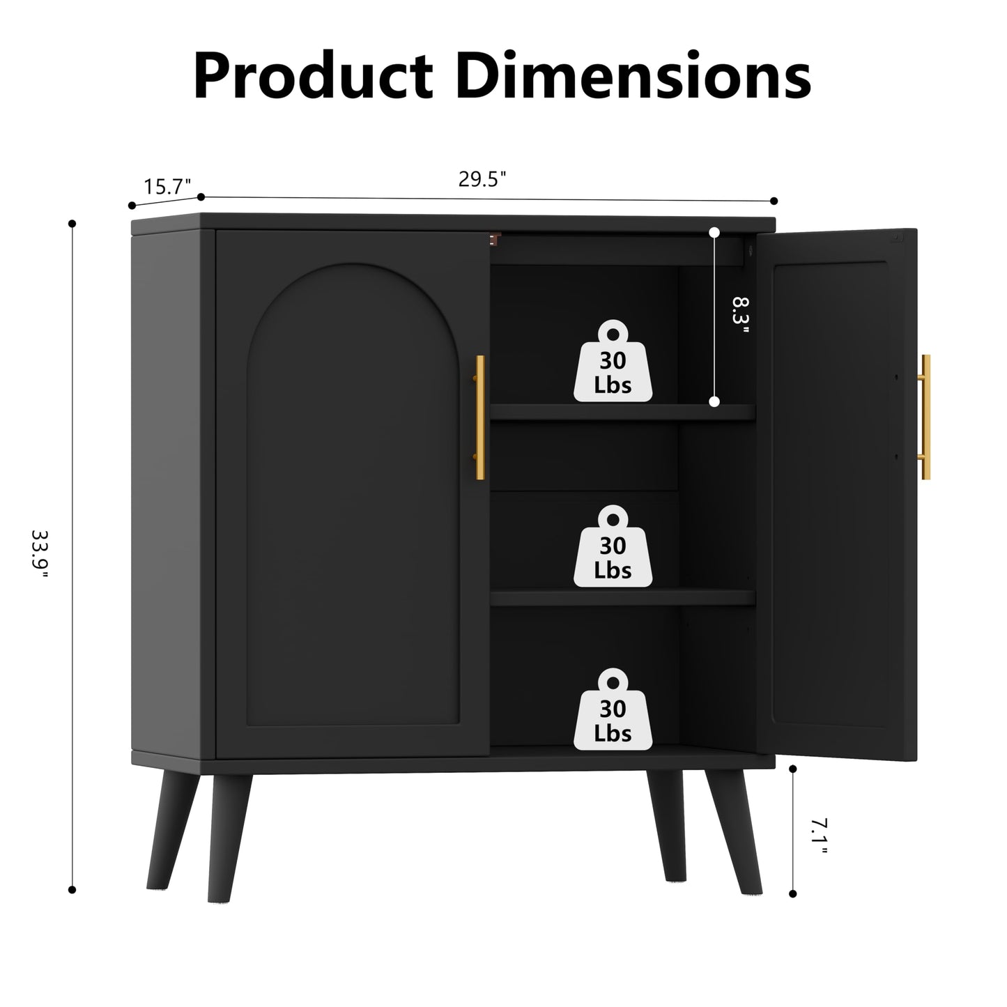 Keehusux 15.7" D Black Buffet Cabinet with Storage, Accent Buffet Sideboard with Adjustable Shelf and Solid Wood Legs, Modern Floor Storage Cabinet for Kitchen, Living Room, Black