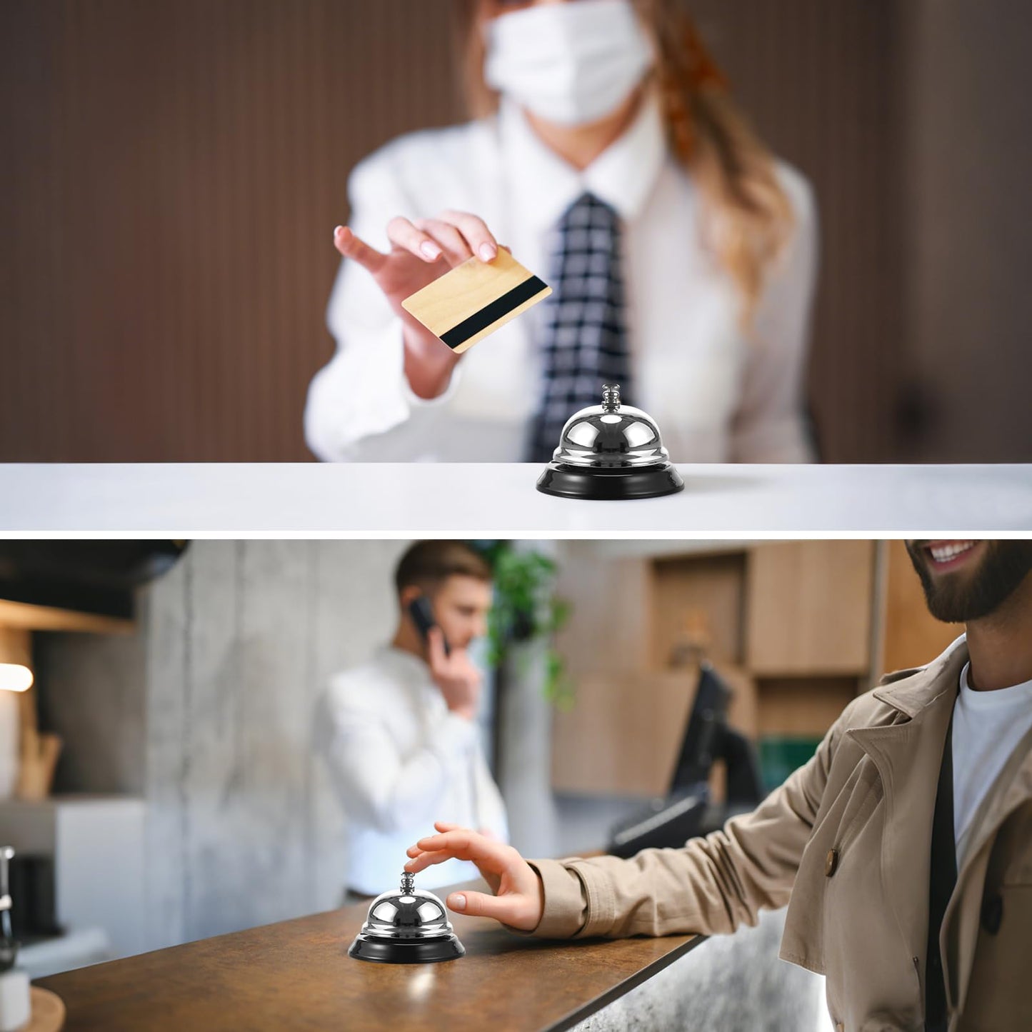 PullCrease 2 Pcs Call Bell and 2 Pcs Loud Hand Bell Classic Service Silver Steel for Hotels Schools Restaurants Desk Counter Reception Areas Home Office