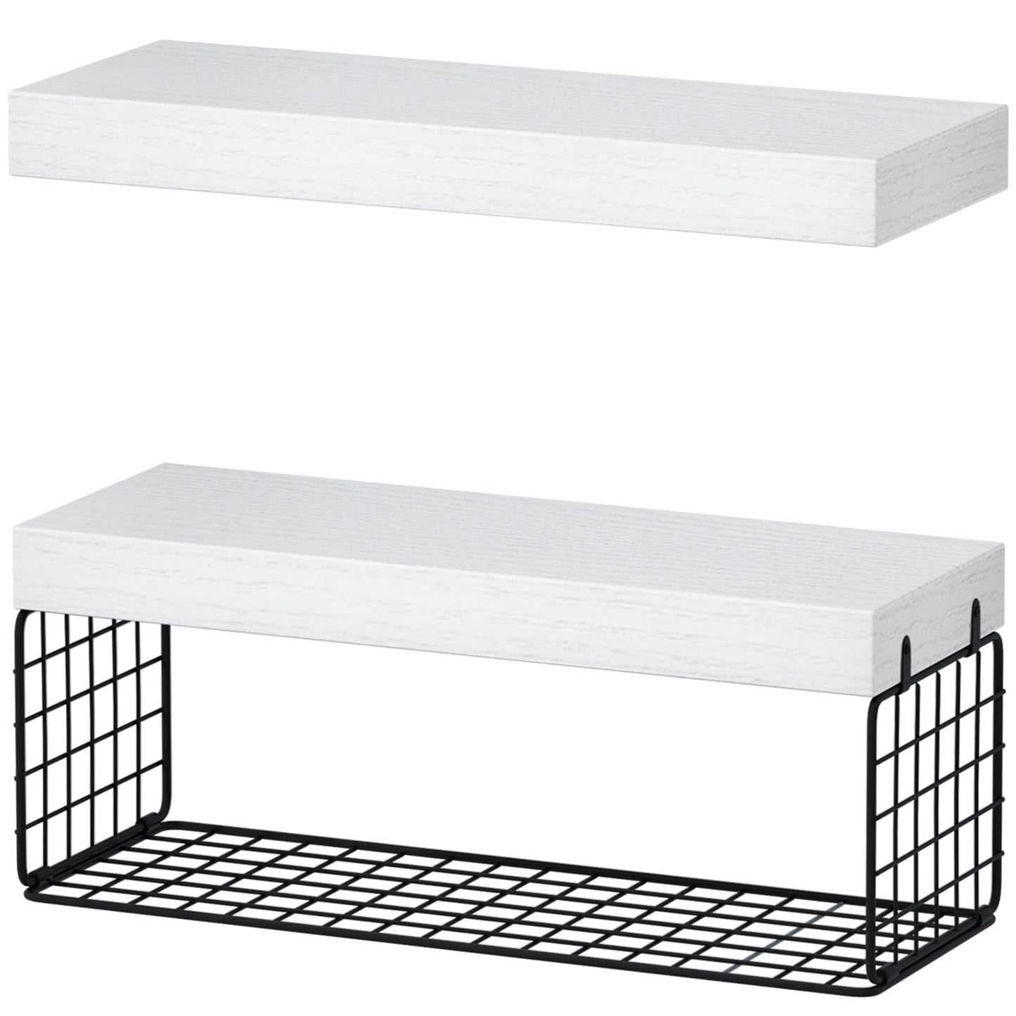 QEEIG Bathroom Shelves Over Toilet - Wall Mounted Floating Shelves Toilet Paper Storage Small Farmhouse Decor Shelf 16 inch Set of 2, White and Black (019-WB2)
