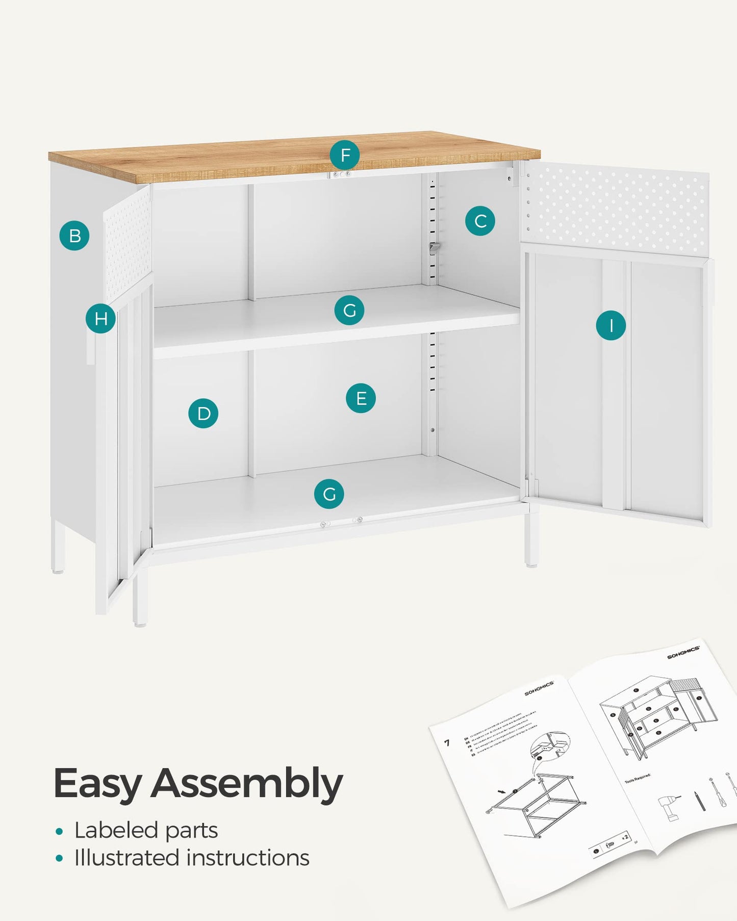 SONGMICS Storage Cabinet, Metal Cabinet, Sideboard with 2 Doors, 15.7 x 31.5 x 29.9 Inches, Magnetic Closure, Adjustable Shelf, Steel Frame, Natural Beige and White ULSC102W57