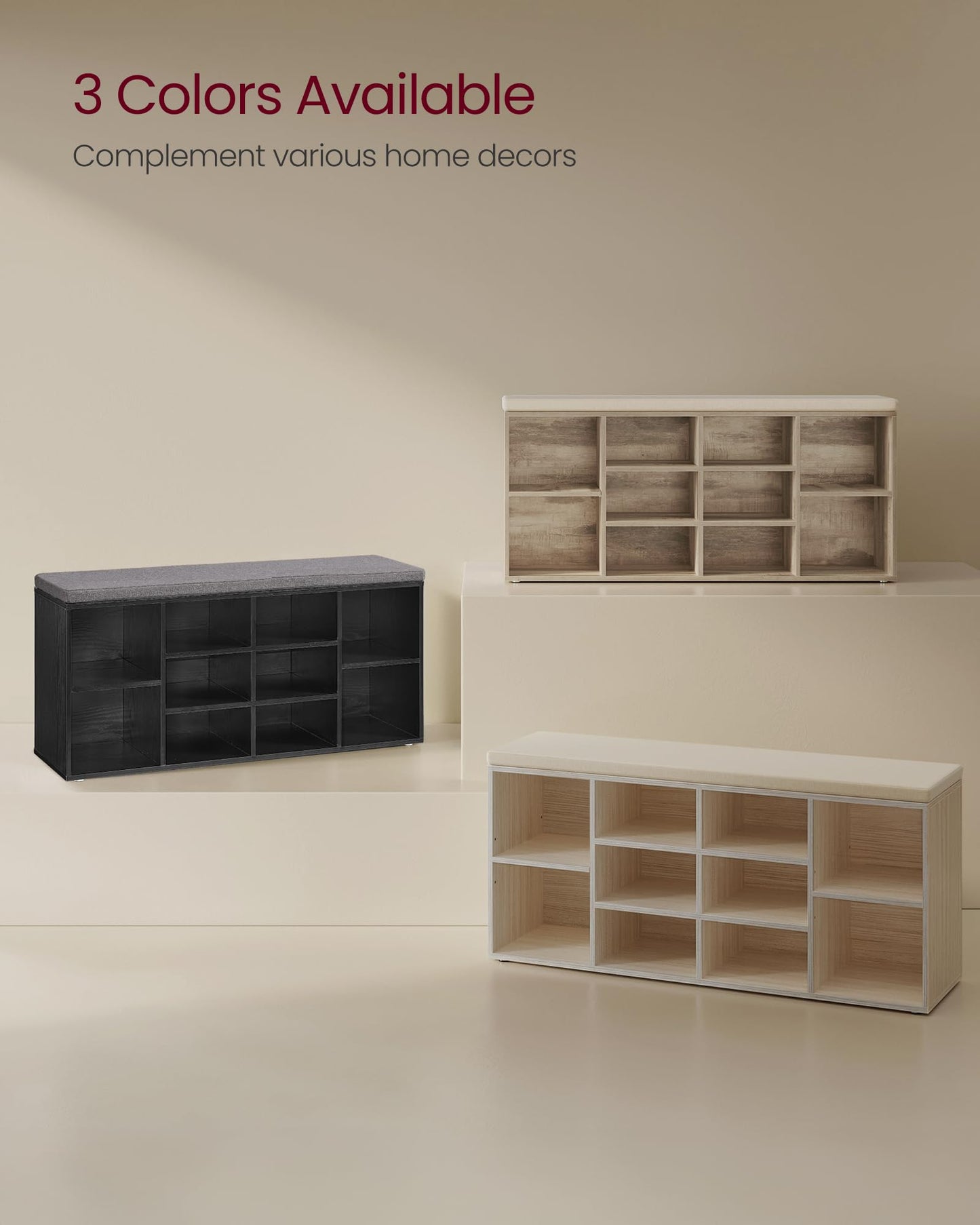 VASAGLE CUSTOS Collection - Shoe Bench, Storage Bench with Padded Seat, Entryway Bench with 10 Compartments, for Bedroom, 11.8 x 40.9 x 18.9 Inches, Camel Brown and Cappuccino Beige ULHS010K02