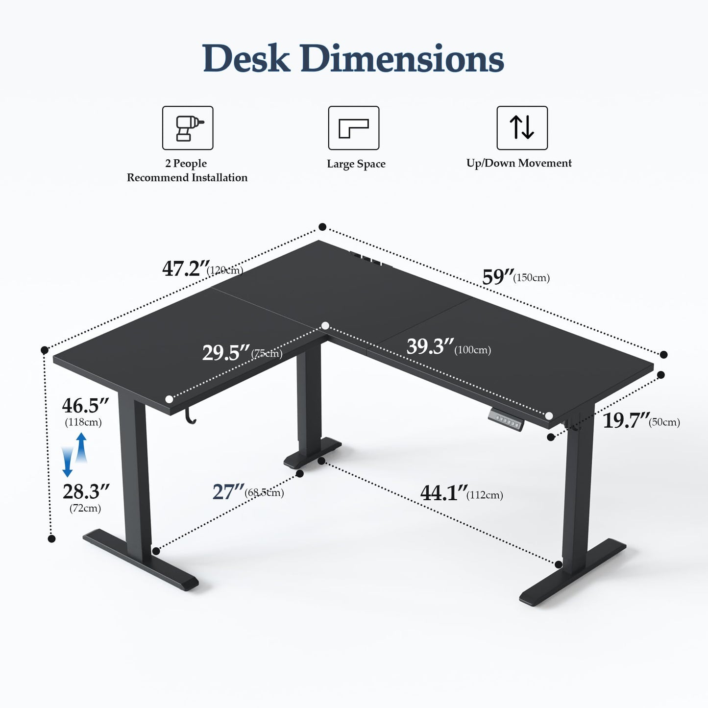 Klicelor L Shaped Standing Desk 59 x 48 Inch, Electric Height Adjustable Corner Desk for Home Office Workstation, Ergonomic Sit Stand Computer Table with Memory Controller, Black