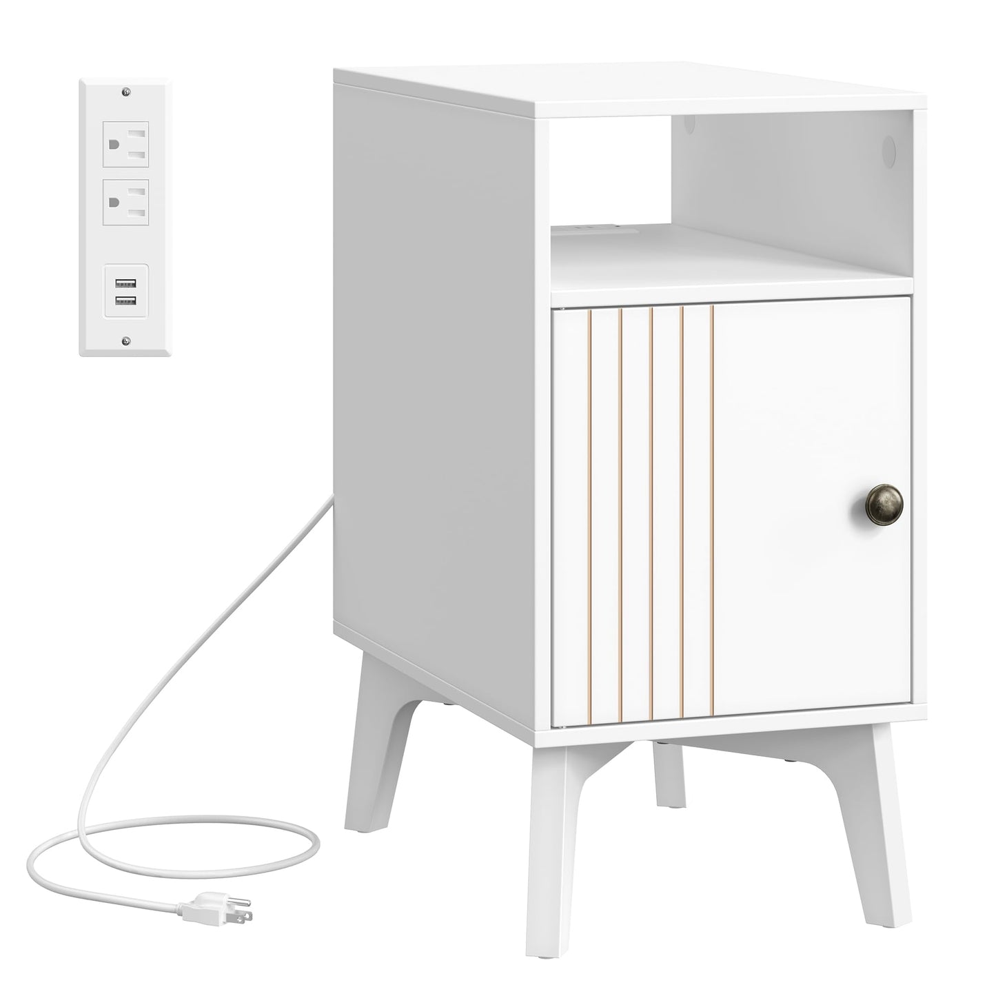 VASAGLE MAEZO Collection - End Table with Charging Station, Narrow Side Table, Nightstand with Tapered Legs, Curved Transitions, for Small Spaces, Living Room, Bedroom, Cloud White ULET329W101S