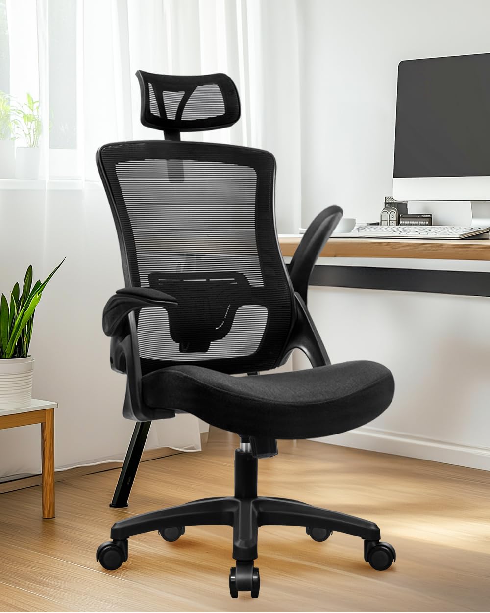 NEO Chair Office High Back Mesh Headrest Adjustable Height and Ergonomic Design Home Office Computer Desk Executive Lumbar Support Padded Flip-up Armrest Swivel Chair (Black)