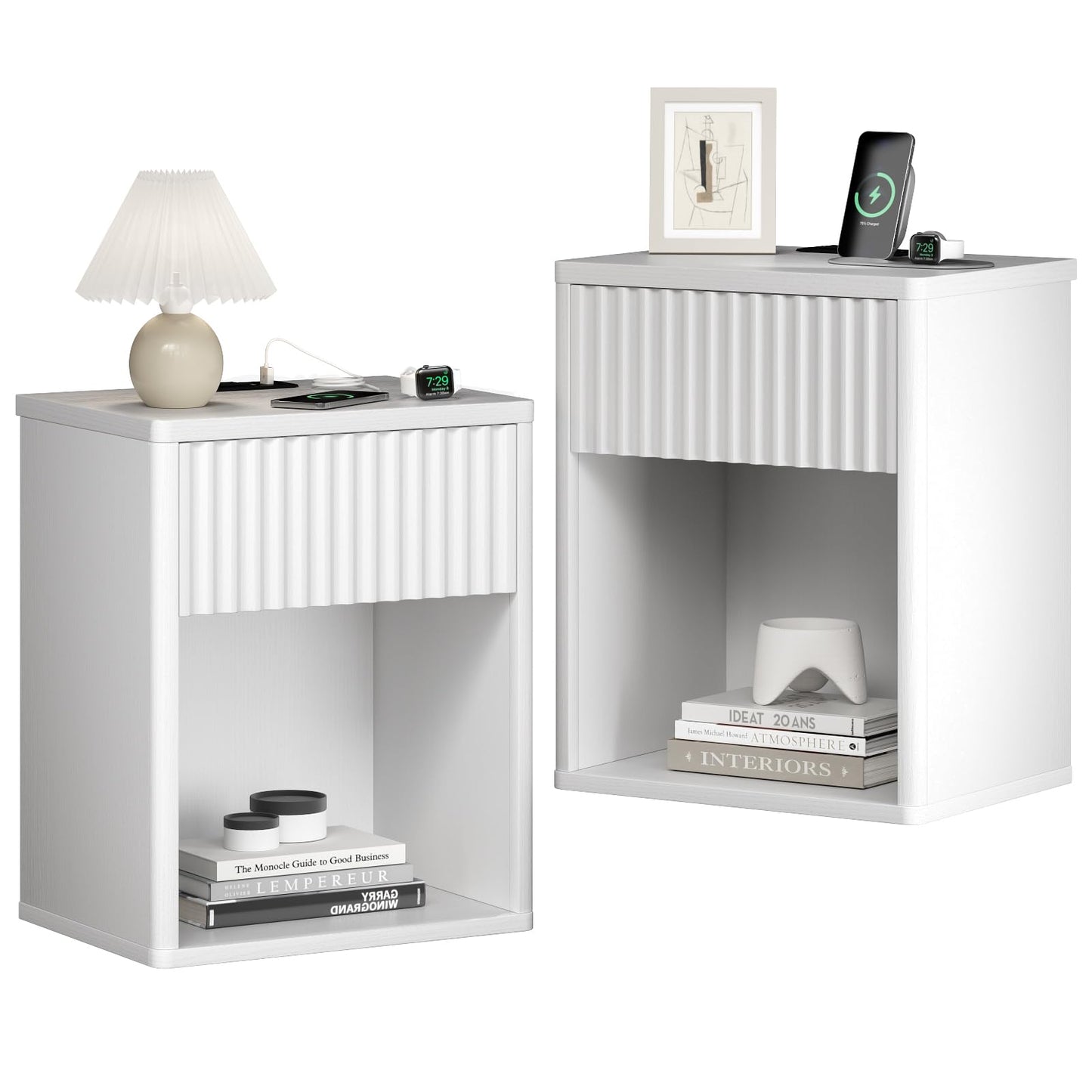 AURINEST White Nightstands Set of 2 w/Charging Station, Wooden End Table Bed Side Table with Curved Drawer, Mid Century Modern Fluted Night Stand with Rounded Edge for Bedroom, Living Room