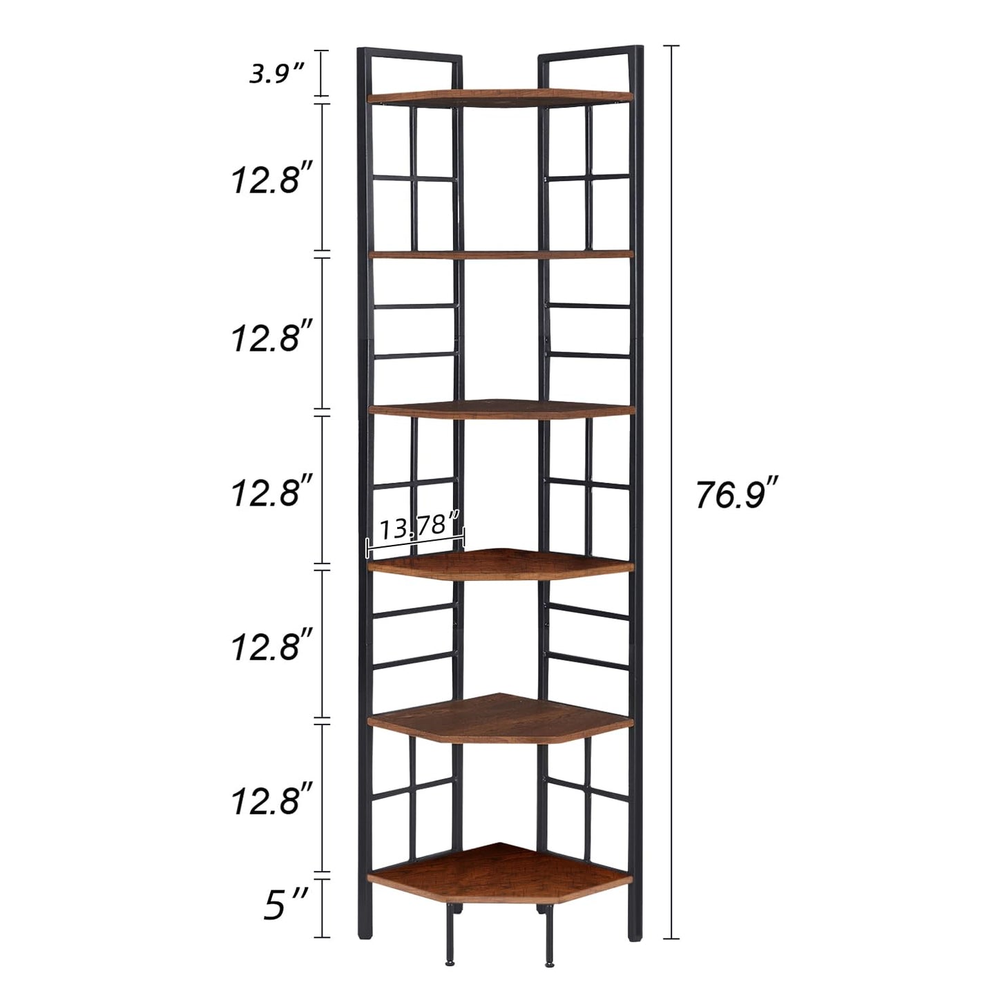 HOMISSUE Corner Shelf, 6 Tier Tall Narrow Bookshelf 76.9", Industrial Corner Bookcase with Storage for Home Office Living Room and Bedroom, Rustic Brown