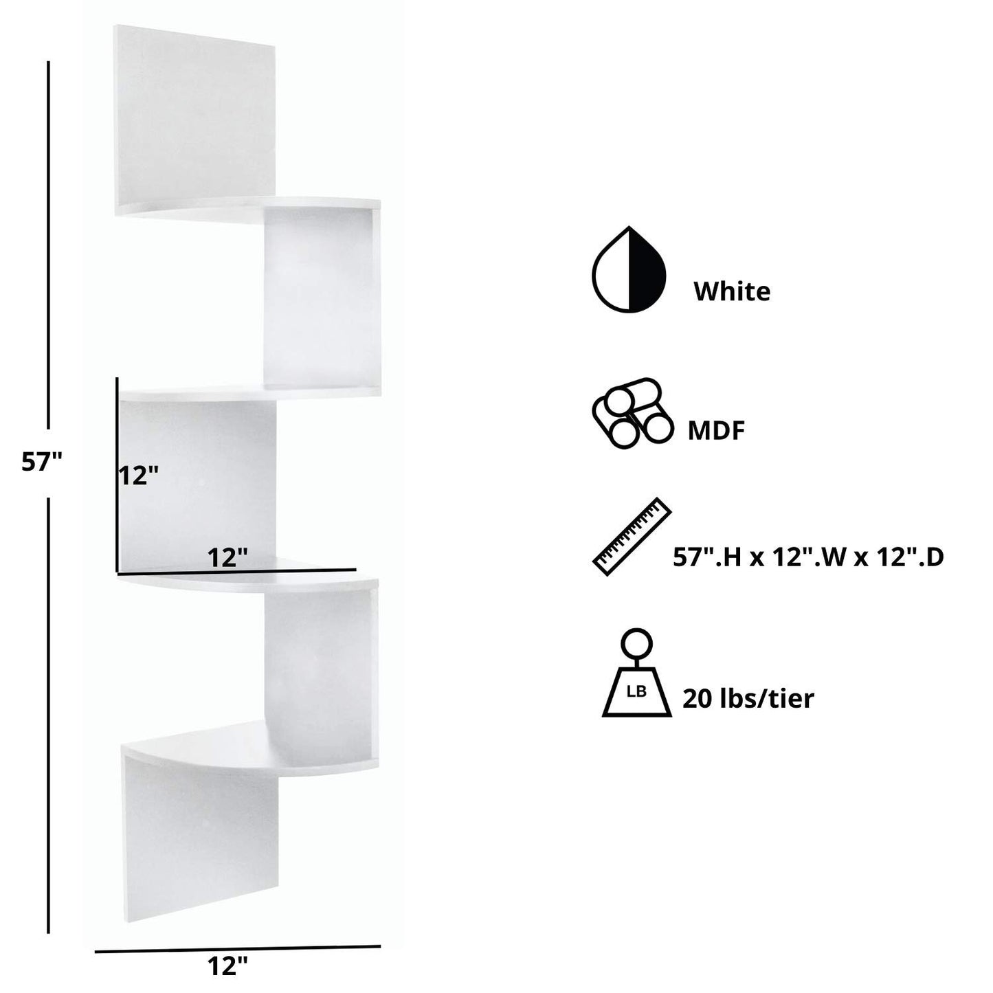 Kiera Grace Provo Floating Shelves, Decorative Wall Mounted Corner Shelves for Home, Room, Office, 57"x12", White, 1Pack