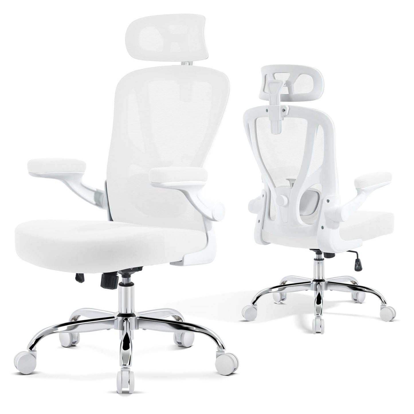 shipborne Office Chair Ergonomic Office Chair with Lumbar Support, Head Support, Rocking Function, FLIP-up Armrests, Mesh High Back Chair Home Office Desk Chair, Suitable for Home, Office, White