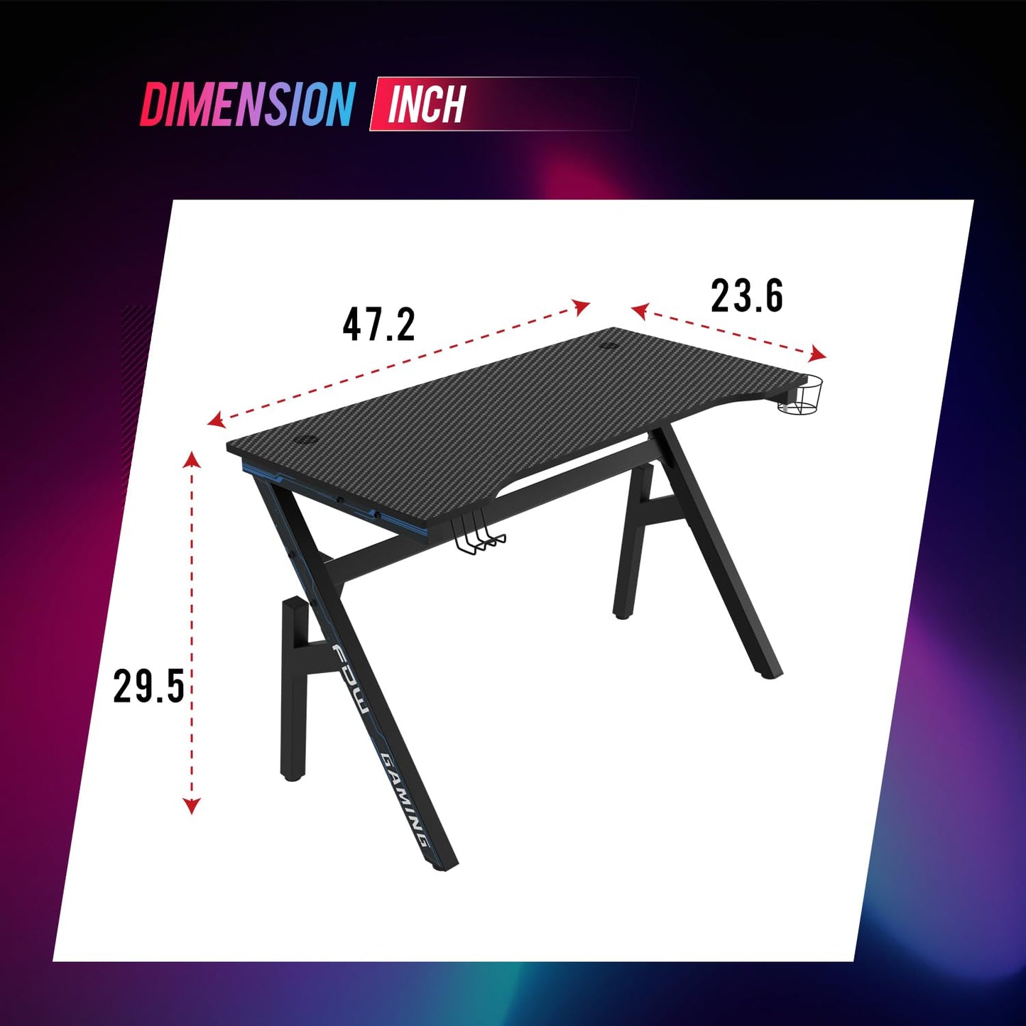 BestOffice | 47" Gaming Desk | Blue | Carbon Fiber Textured Computer Desk | Sturdy Steel Frame, Cup Holder, Headphone Hook, Cable Management Holes, Adjustable Leg Pads | for Gamers, Home, Office