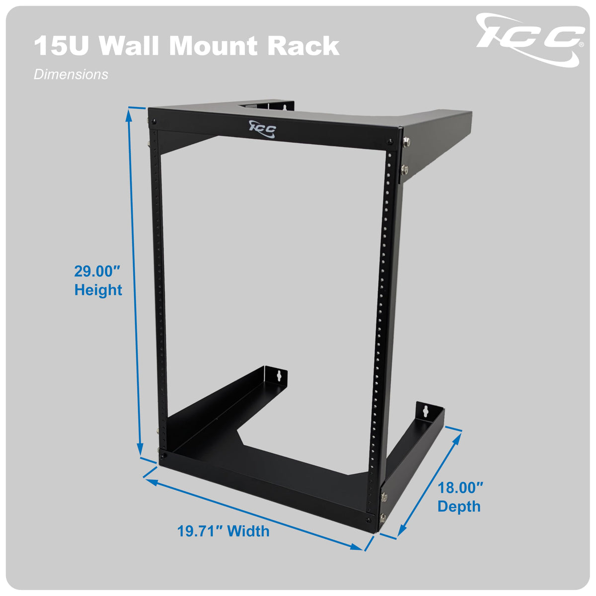 ICC 15U Wall Mount 19″ Open Frame Server Rack – 18″ Deep Cold-Rolled Steel, 125 lb Load Capacity – Network Rack for Patch Panels, Switches, AV, IT & Telecom Equipment Installations