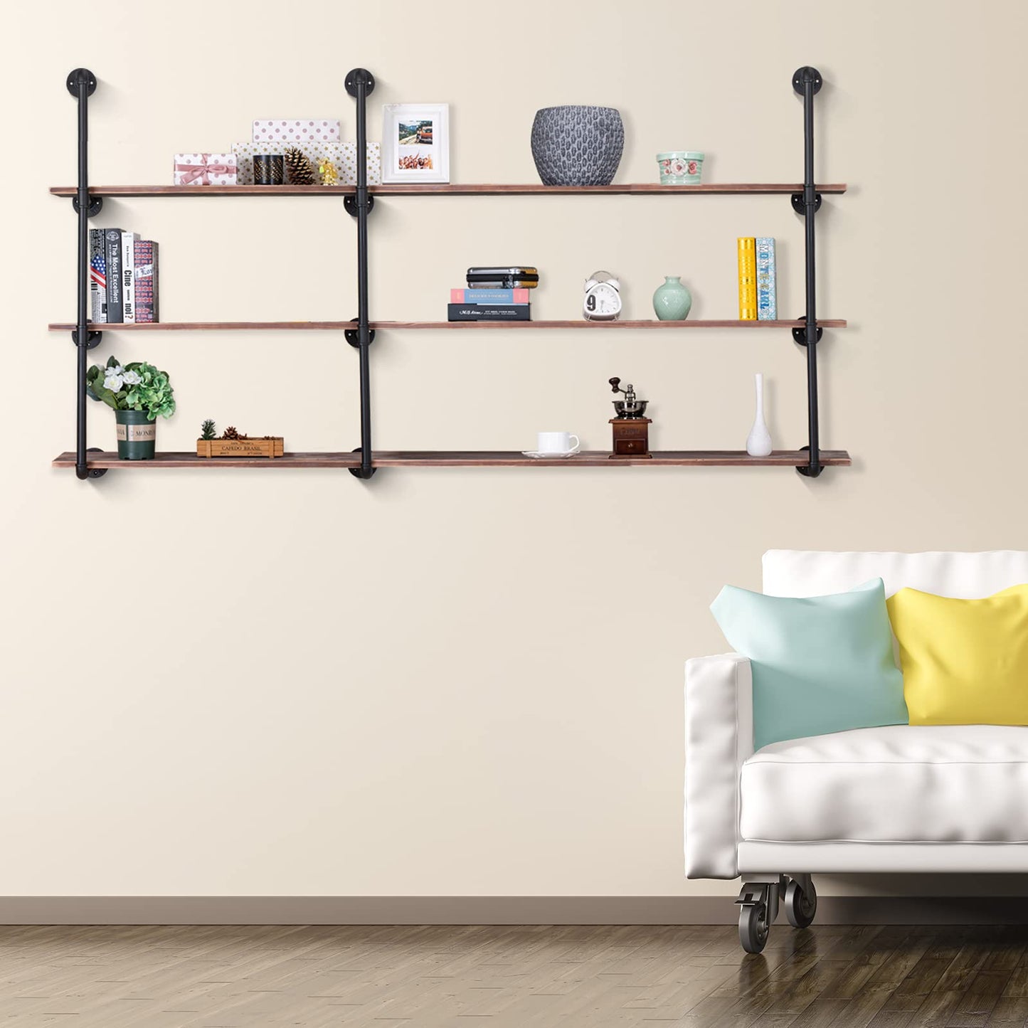 Pynsseu Industrial Iron Pipe Shelving Brackets Unit, Farmhouse Wall Mounted Pipe Shelves for Kitchen Bathroom, DIY Bookshelf Living Room Storage, 3Pack of 4 Tier