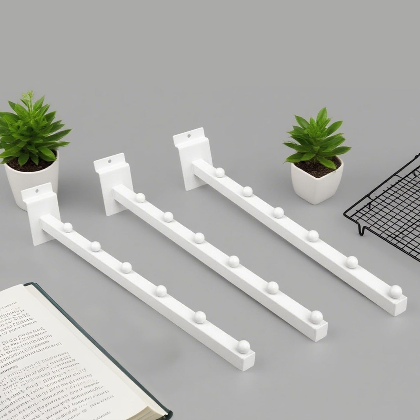 LECEHIVO 14 Pcs 15.7 Inch 6 Ball Waterfall Slatwall Hooks Metal Slat Wall Hanging Board Accessories Heavy Duty Pegs Panel Display for Clothing Retail Shop Garage (White)