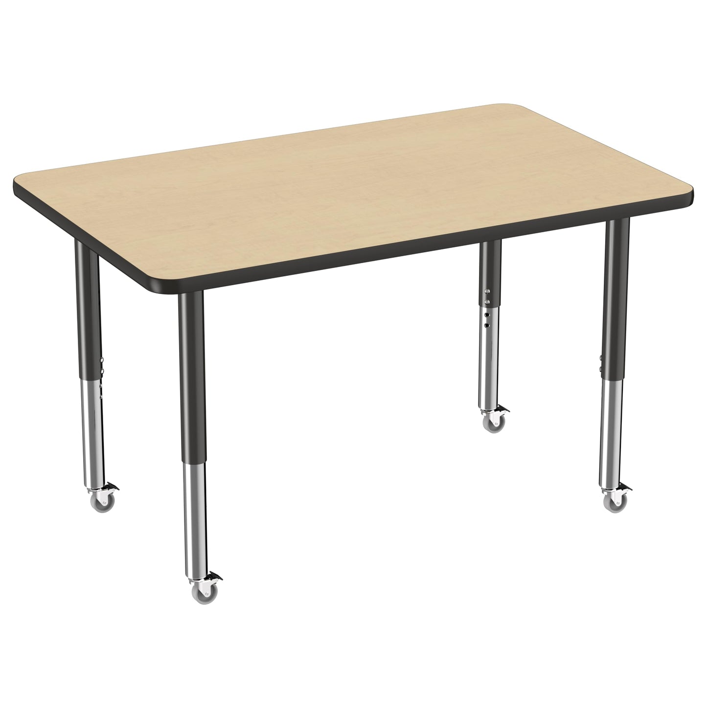 FDP Mobile Rectangle Activity School and Office Table (30 x 48 inch), Super Legs with Glides and Casters, Adjustable Height 19-30 inches - Maple Top and Black Edge