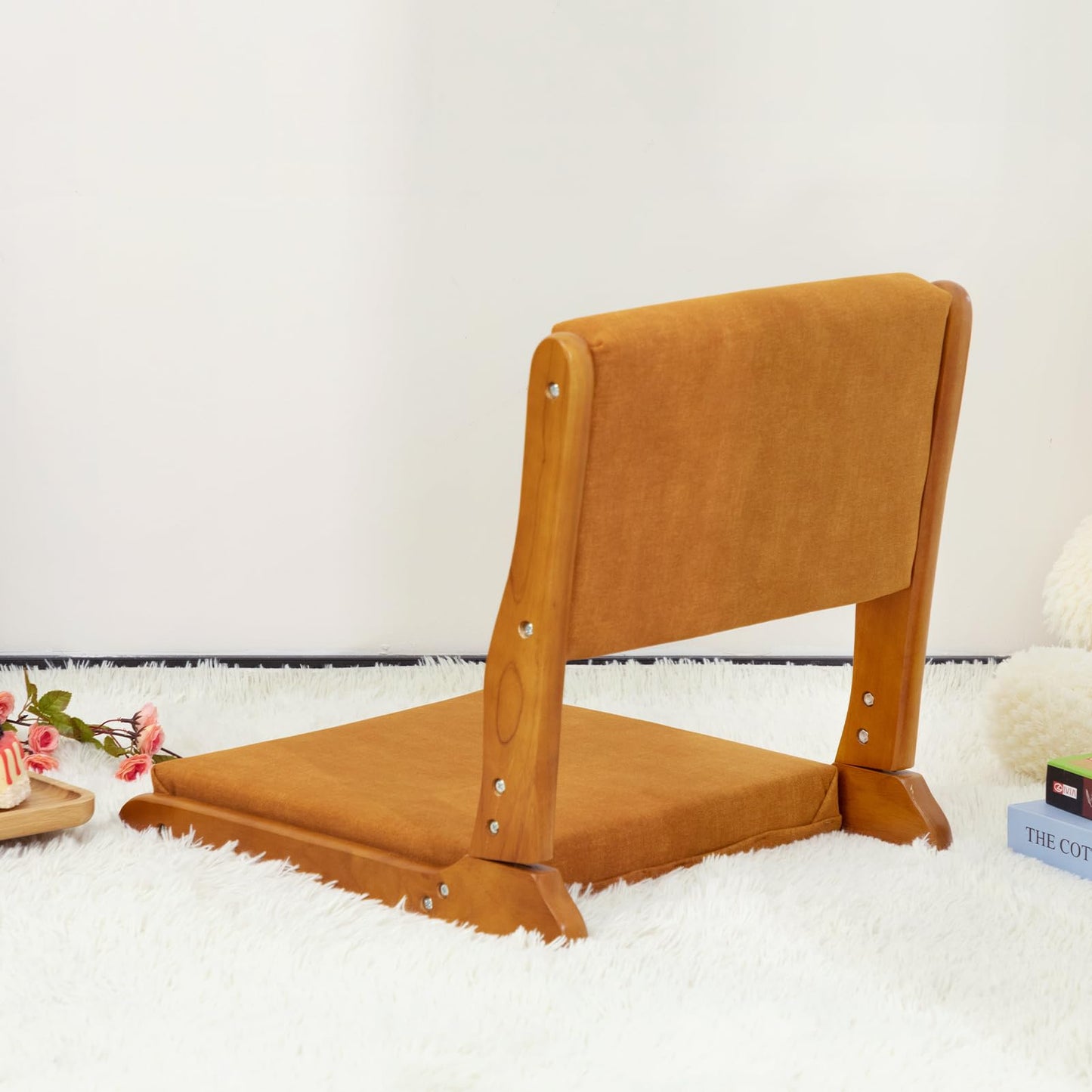 HollyHOME Foldable Japanese Style Floor Chair with Back Support, Tatami Chair with Cushion, Meditation Seat for Bay Window, Living Room, Bedroom, Pumpkin Color