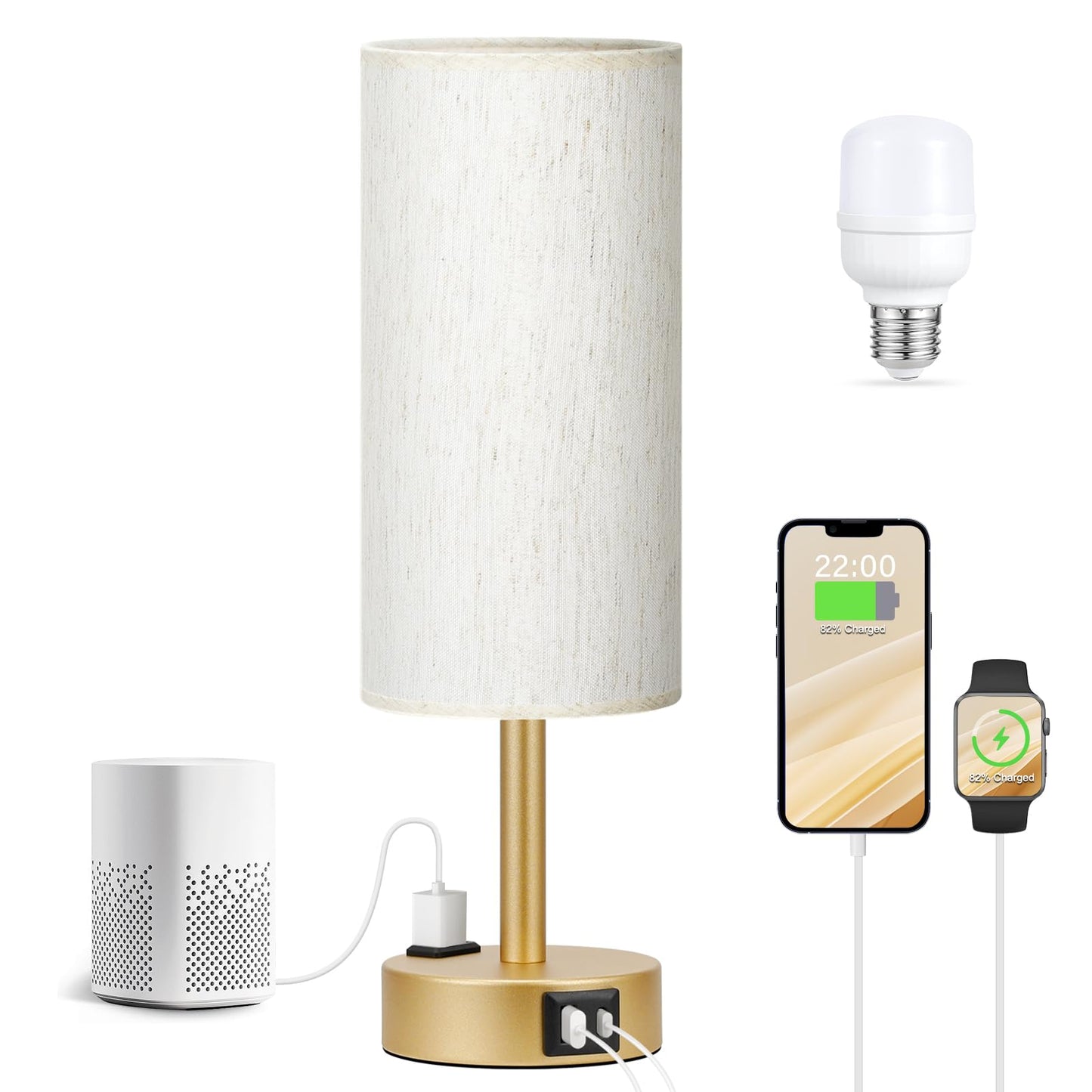 Fenmzee Gold Nightstand Bedroom Lamp - 3 Way Dimmable Bedside Lamp USB C A Charging Ports and AC Outlet, Small Table Lamp Linen Lampshade for Office Desk, LED Bulb Included