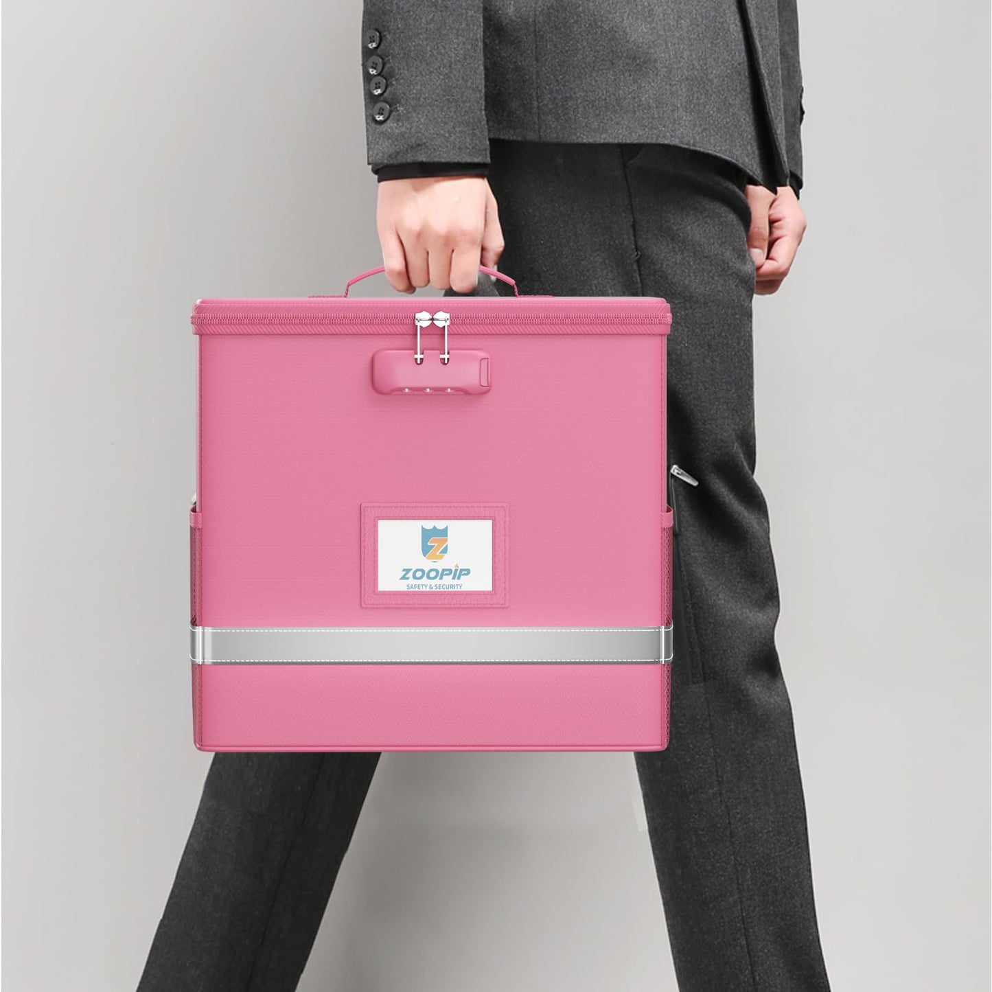 ZOOPIP Fireproof File Box with Lock, Document Box Storage Organizer, Suitable for Hanging File Folders in Letter Size, Collapsible File Box, Reflective Strip for Fast Find (12.2"*6"*10.2, Pink)