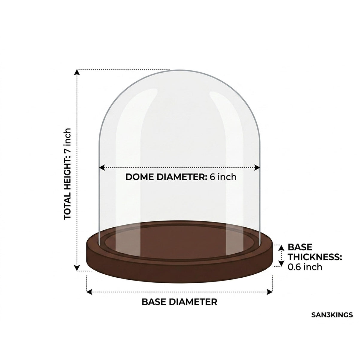 SAN3Kings Glass Cloche Bell Jar Display Dome with Brown Wooden Base, 6x7 Inch Clear Glass Display Case with Wood Stand for Home Decor, Plants, Succulents, Collectibles, Preserved Flowers, Centerpieces