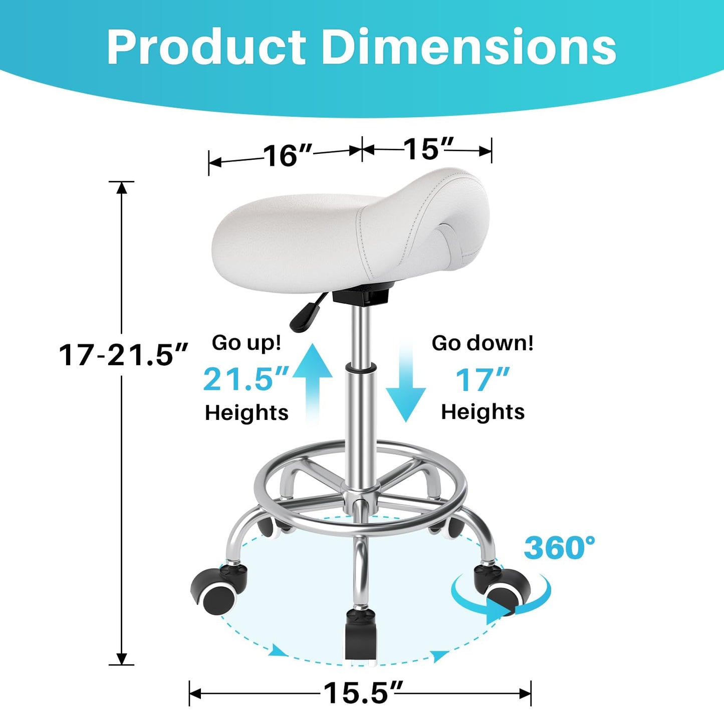 YEEZEE Saddle Stool Ergonomic- Comfortable Rolling Saddle Stool with Wide Thick Saddle Seat Padding, Swivel Adjustable Saddle Chair with Wheels and Ring Pedal for Medical Massage Salon (Classic White)