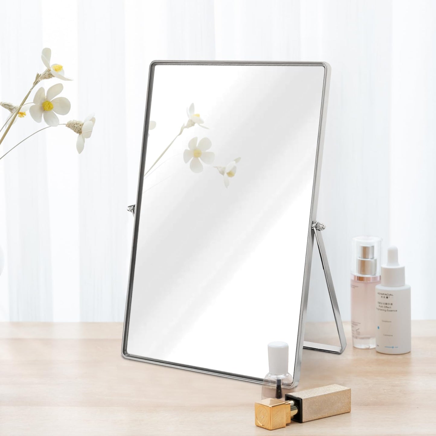 Numjeg Makeup Vanity Mirror Portable Desktop Mirror with Metal Stand Adjustable 90° Rotation Desk Mirrors for Dressing Room,Bedroom, Bathroom,Tabletop,Square Silver