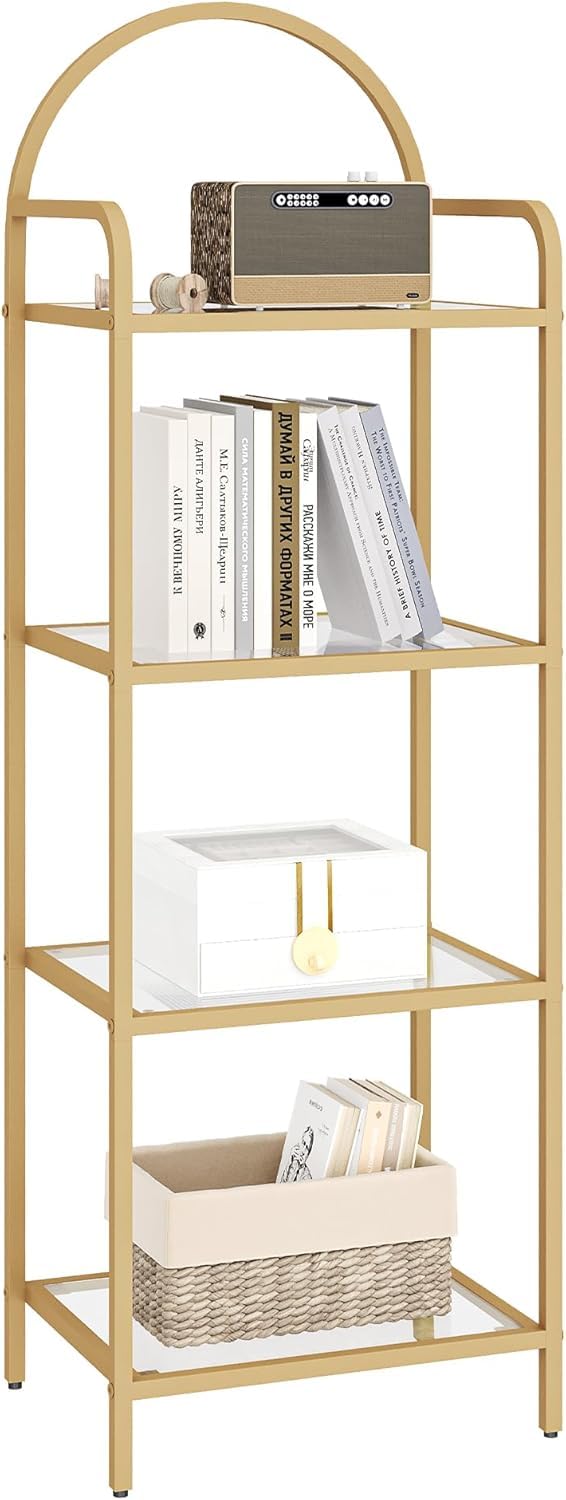 Hzuaneri Bookcase Bookshelf, Tempered Glass Bookshelves, Slim Shelving Unit for Bedroom, Bathroom, Home Office, Steel Frame, 4 Tier Gold BC04001G
