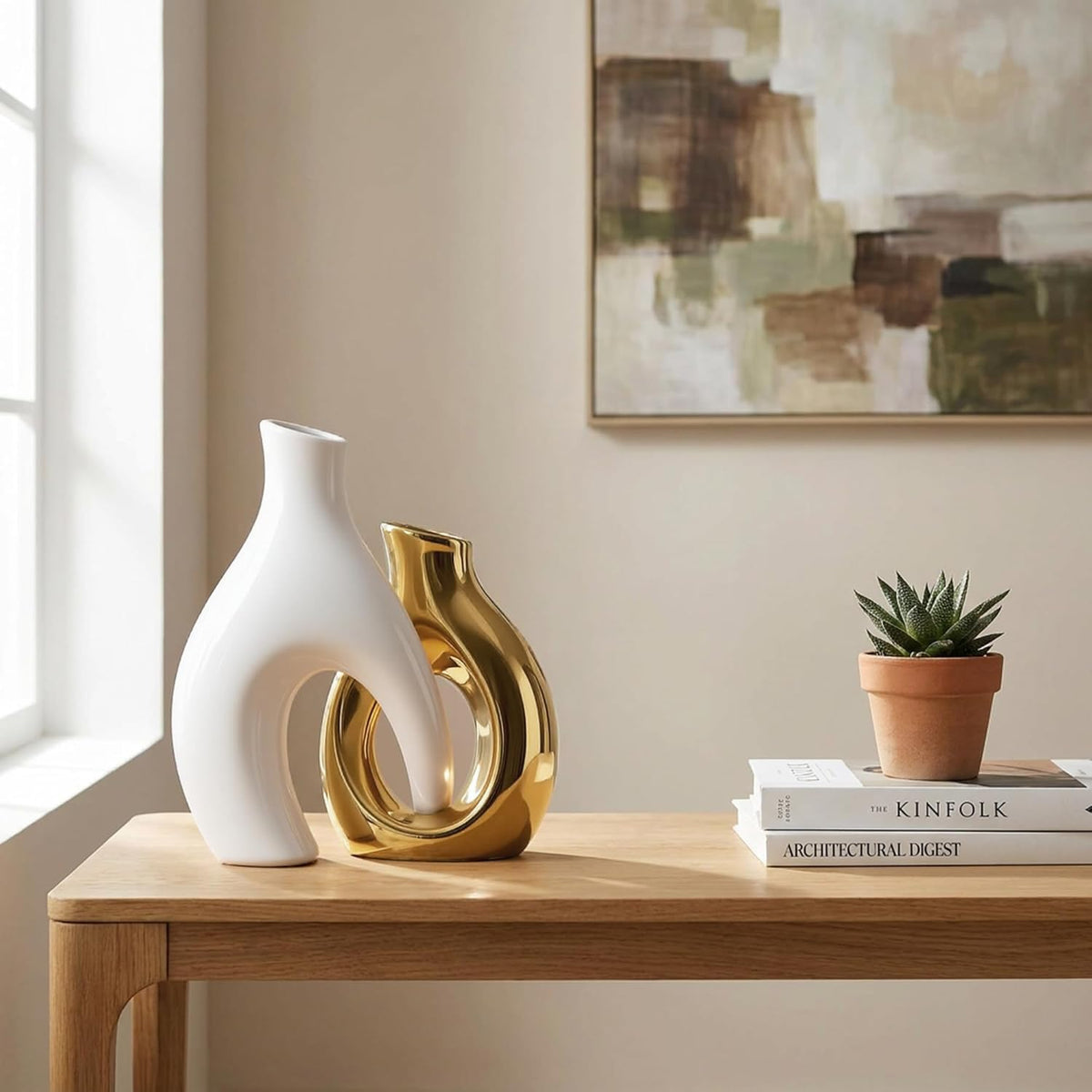 TZIZO Gold Vases Set of 2, Ceramic Flower Vase for Home Decor
