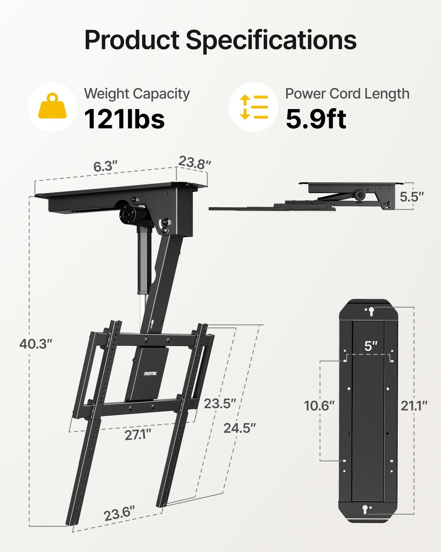 monTEK Motorized Ceiling TV Mount for 32-75 Inch TVs up to 121lbs, Heavy-Duty Electric Flip Down Ceiling Mount, Off-Center TV Compatible, Remote/App/Voice Control, Fits Flat & Pitched Roof