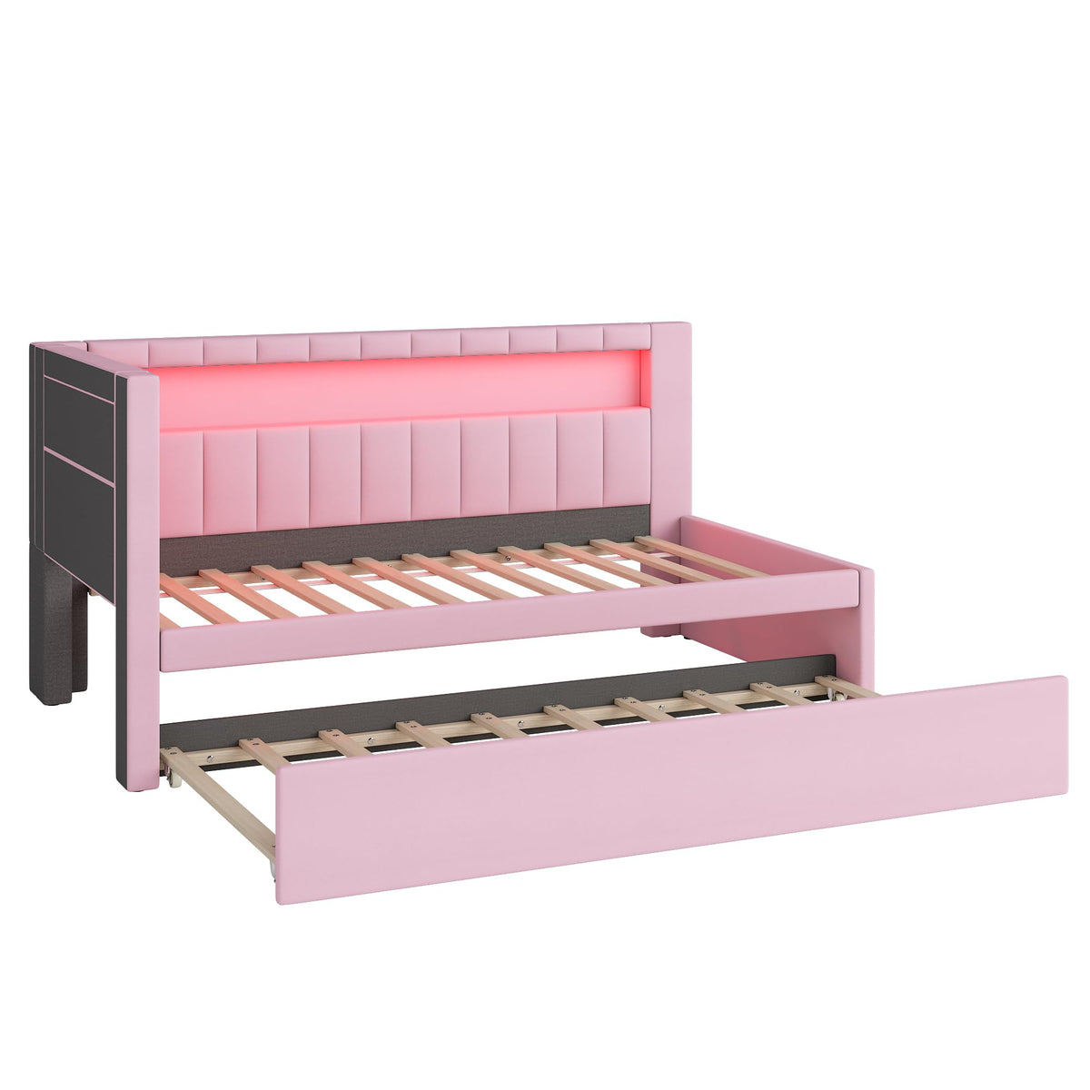 Bellemave Twin Size Upholstered Daybed with Trundle and USB/LED Belt, Corner Bed with Trundle. L-Shape daybed for Bedroom Living Room, Pink(Linen)