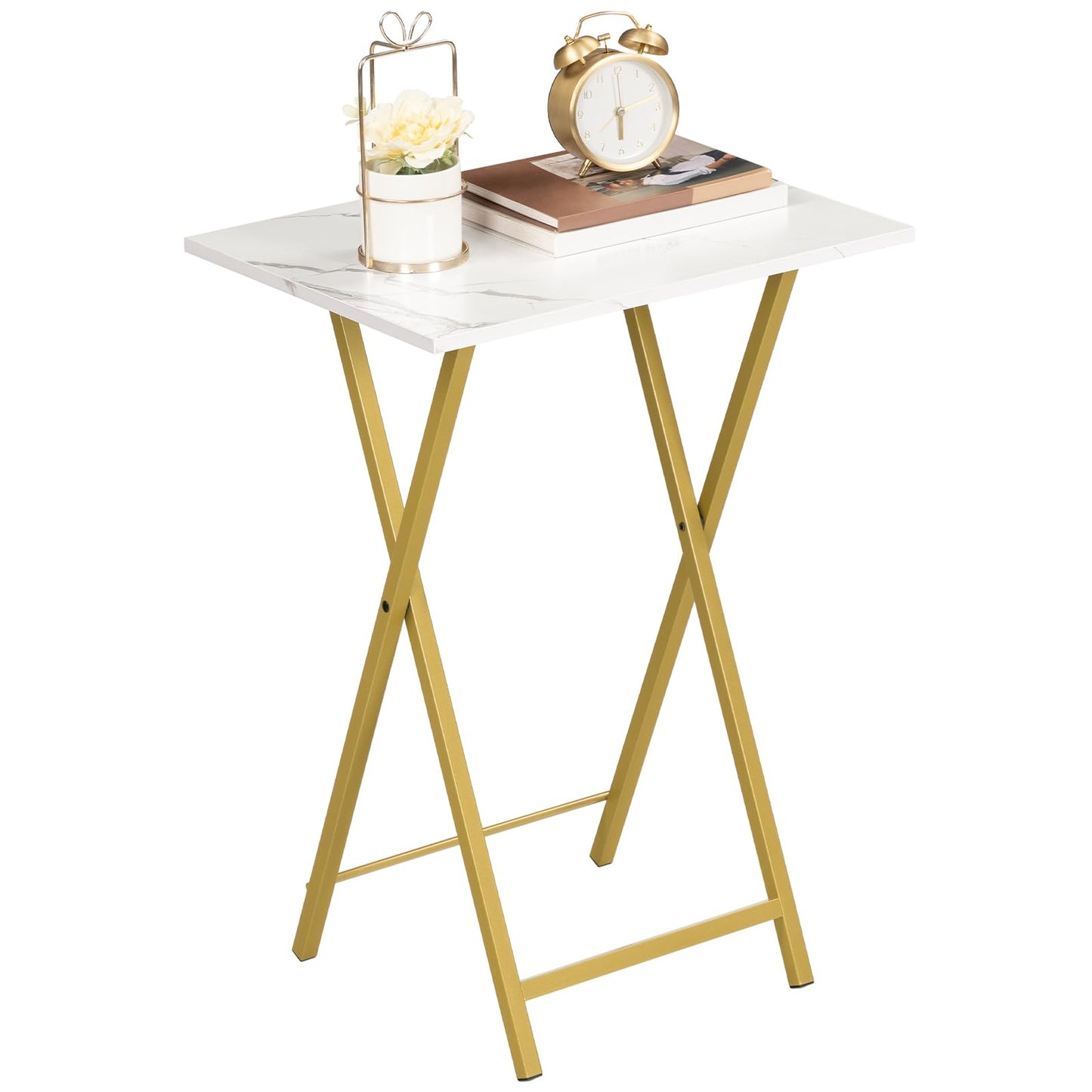 HOOBRO Folding TV Tray Tables, Set of 2 Side Table for Small Space, Industrial Snack Tables for Eating at Couch, Stable Metal Frame, Easy Assembly, Space Saving, Marble and Gold DM25BZ01