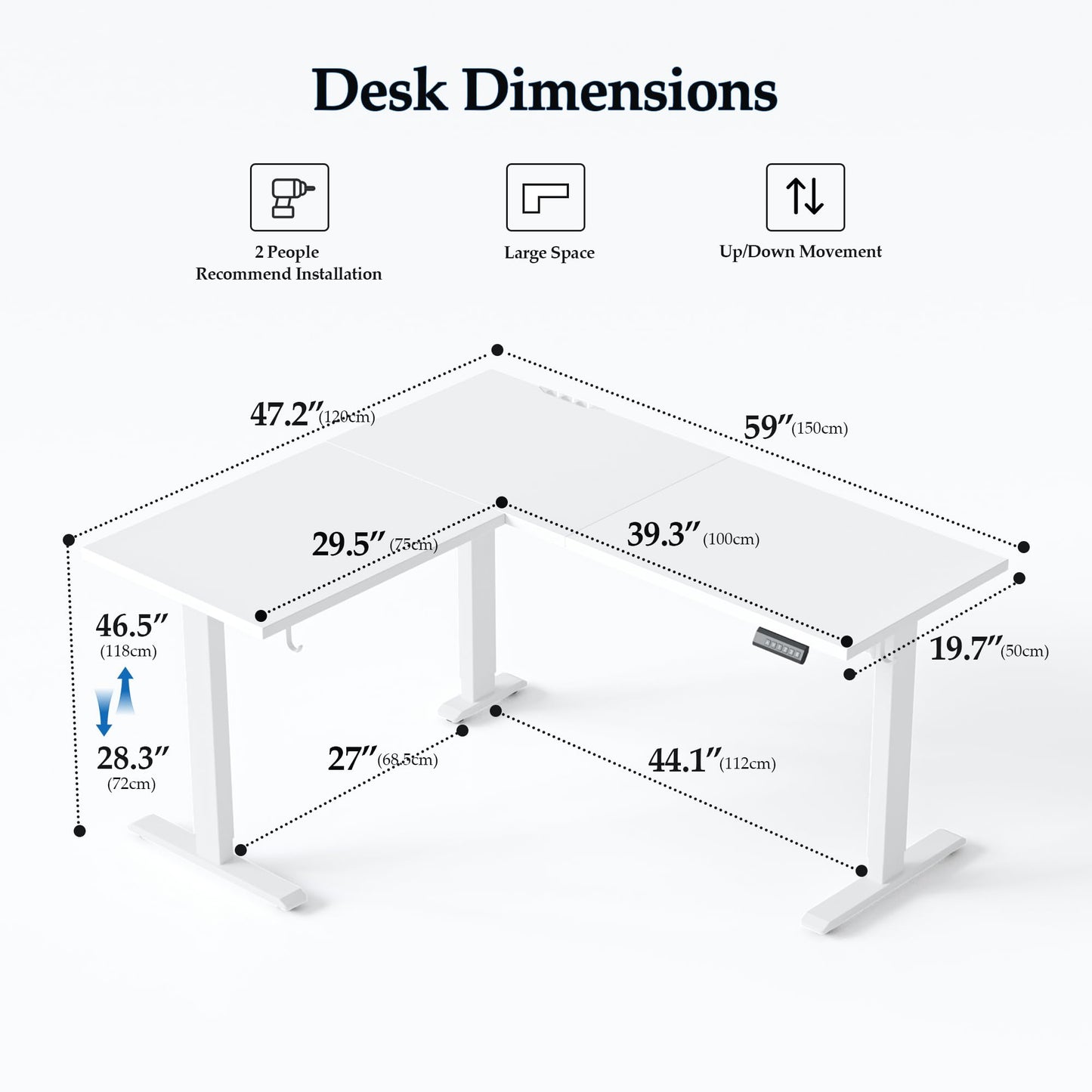 Klicelor L Shaped Standing Desk 59 x 48 Inch, Electric Height Adjustable Corner Desk for Home Office Workstation, Ergonomic Sit Stand Computer Table with Memory Controller, White