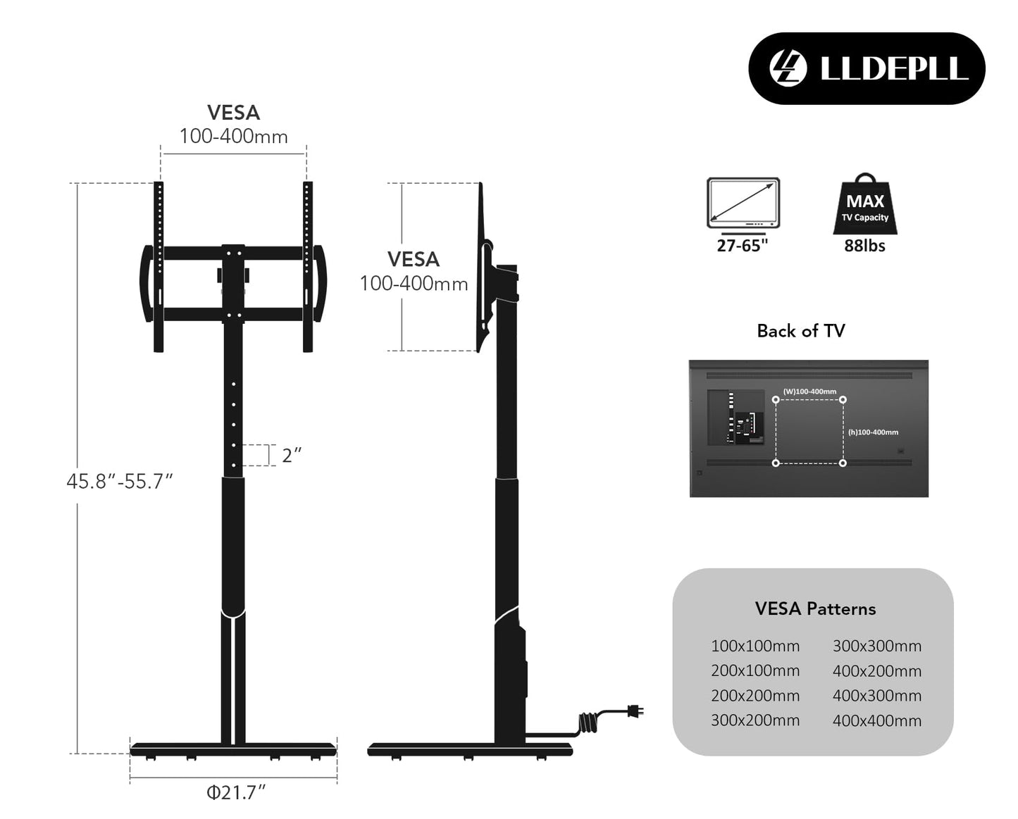 LLDEPLL Floor Mobile TV Stand with Power Outlet, Rolling TV Cart for 27-65 Inch OLED LED Monitors, 6 Levels of Height Adjustment, Ambient Lighting on The Bottom Wheels Holds up to 88lbs, 400x400mm