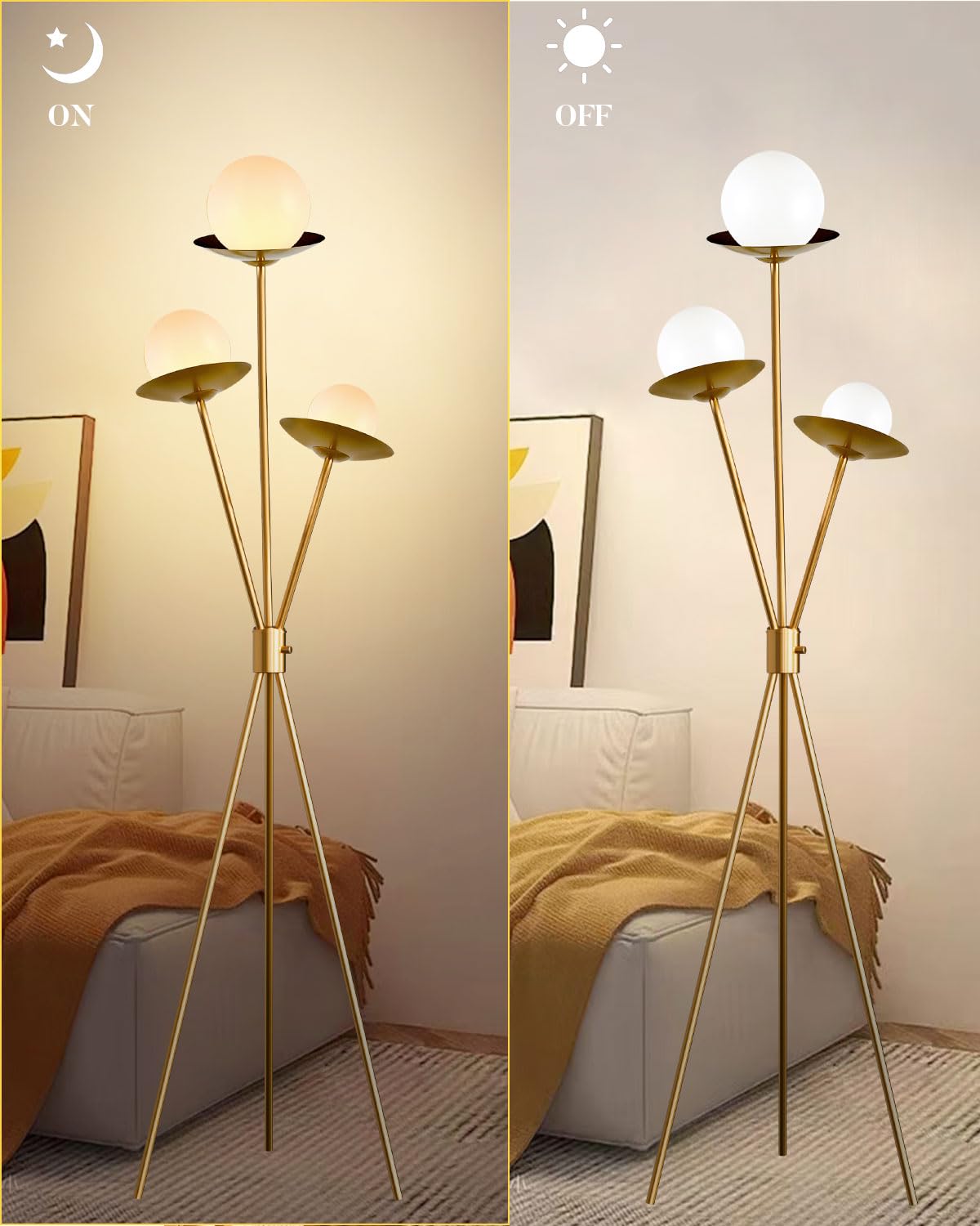 ACOHOOK 3 Globe Dimmable Tripod Floor Lamp, Mid Century Floor Lamps with 3Pcs 3000K Bulbs Included, Modern Gold Tall Lamp for Living Room Bedroom Home Office Sofa Beside Corner Decor
