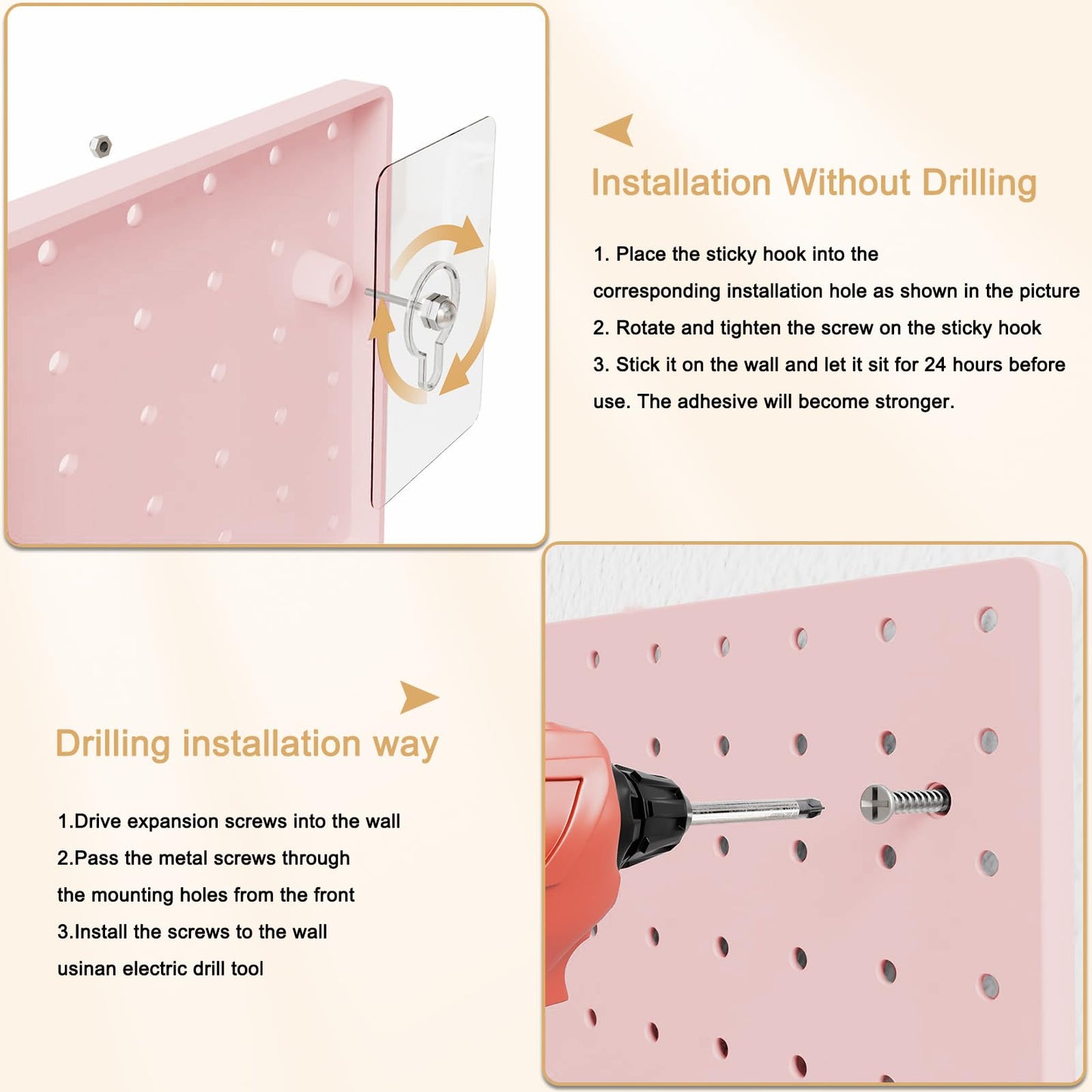 FZK Pink Peg Board Wall Organizer, 12" x 12" Modular Plastic Pegboard Display Panels for Office, Bedroom & Home Decor, Wall Mount Storage Kit with Hooks & Shelves (4 Panels)