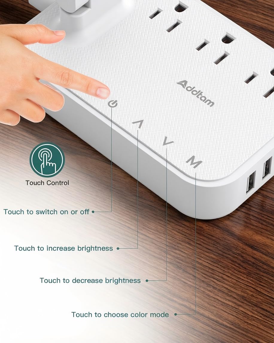 Addtam LED Desk Lamp, Power Strip with 3 Outlets 4 USB Charging Ports(2 USBC), 4 Modes 5 Level Brightness Touch Lamp, Small Desk Lamp for Home Office College Dorm Room Essentials, White