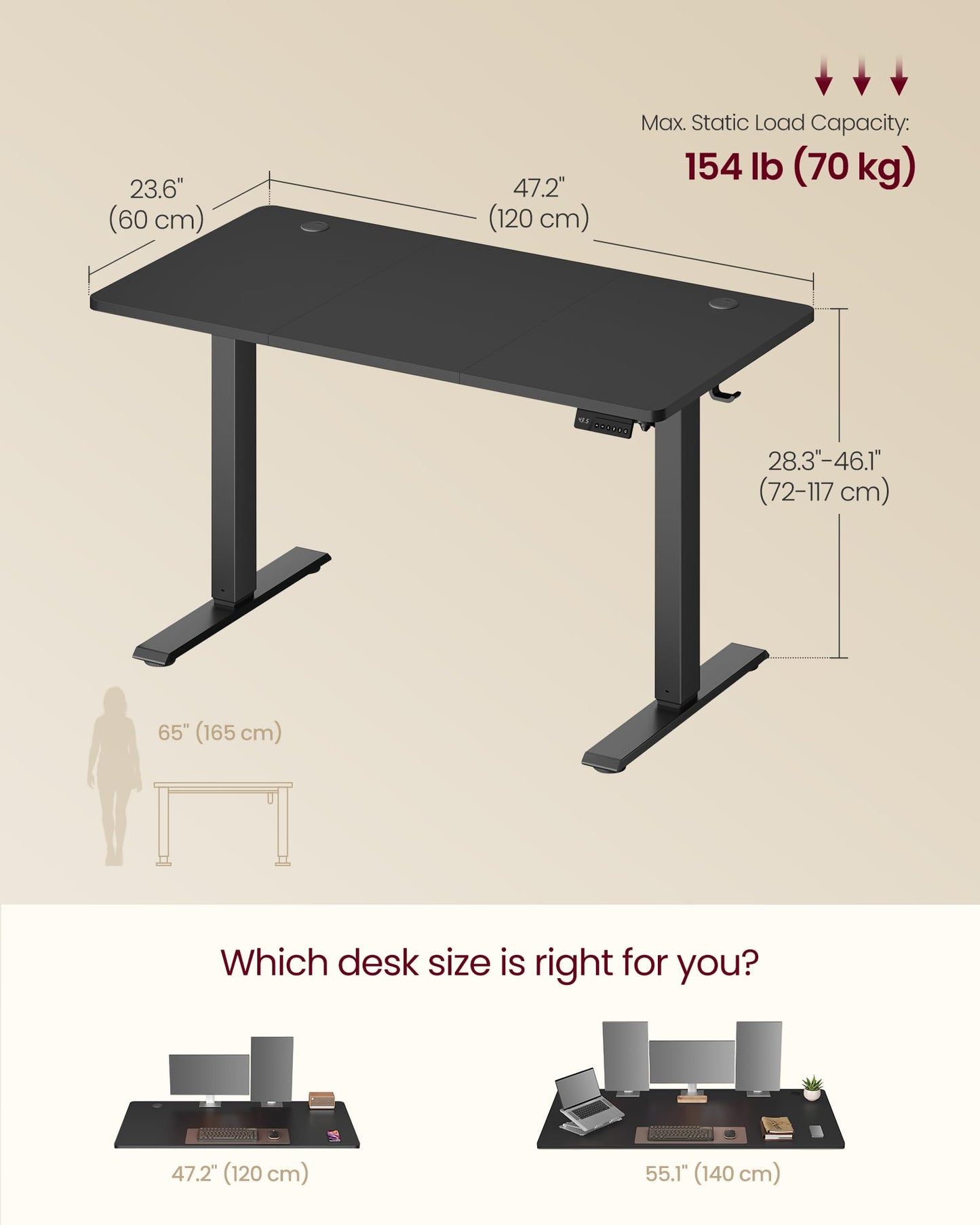 VASAGLE Electric Standing Desk, 47.2 x 23.6 Inches Height Adjustable Desk, Sedentary Reminder, 4 Memory Heights, for Home Office, Ink Black ULSD312BZ02S