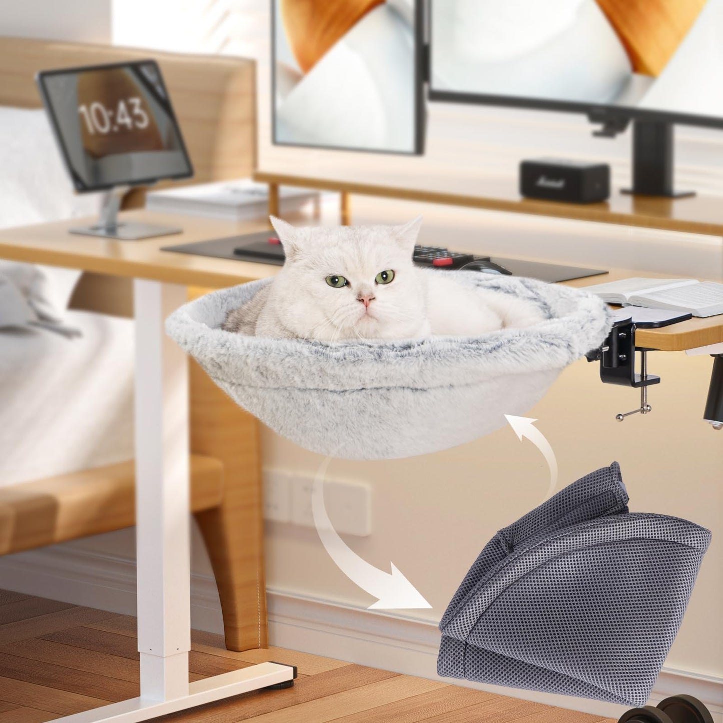 Uross Cat Desk Bed - 180° Rotating Soft & Comfortable Rabbit Fur Bed, Modern Indoor Cat Nest Furniture for Office Desks and Game Tables, Island Table-Supports 50 lbs-(Lightgrey)