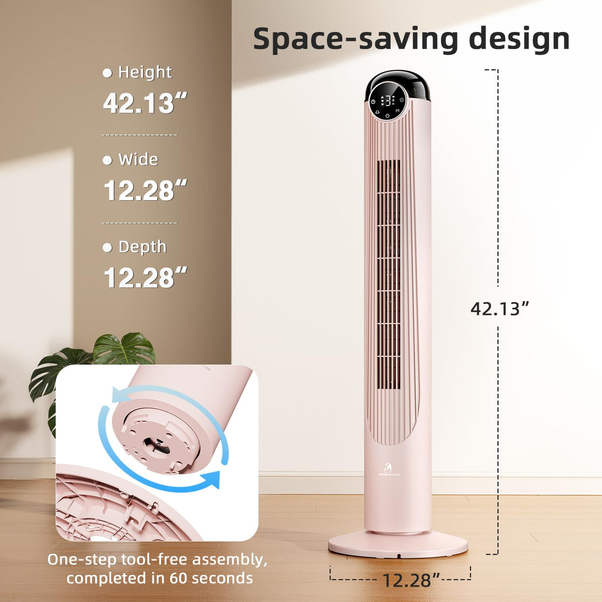 Antarctic Star T42 Tower Fan-42 Inch, Bladeless Oscillating Fan with Remote, 6 Speeds & 4 Modes, LED Display, 9H Timer, Quiet Floor Standing Fan for Bedroom Living Room Office, Pink
