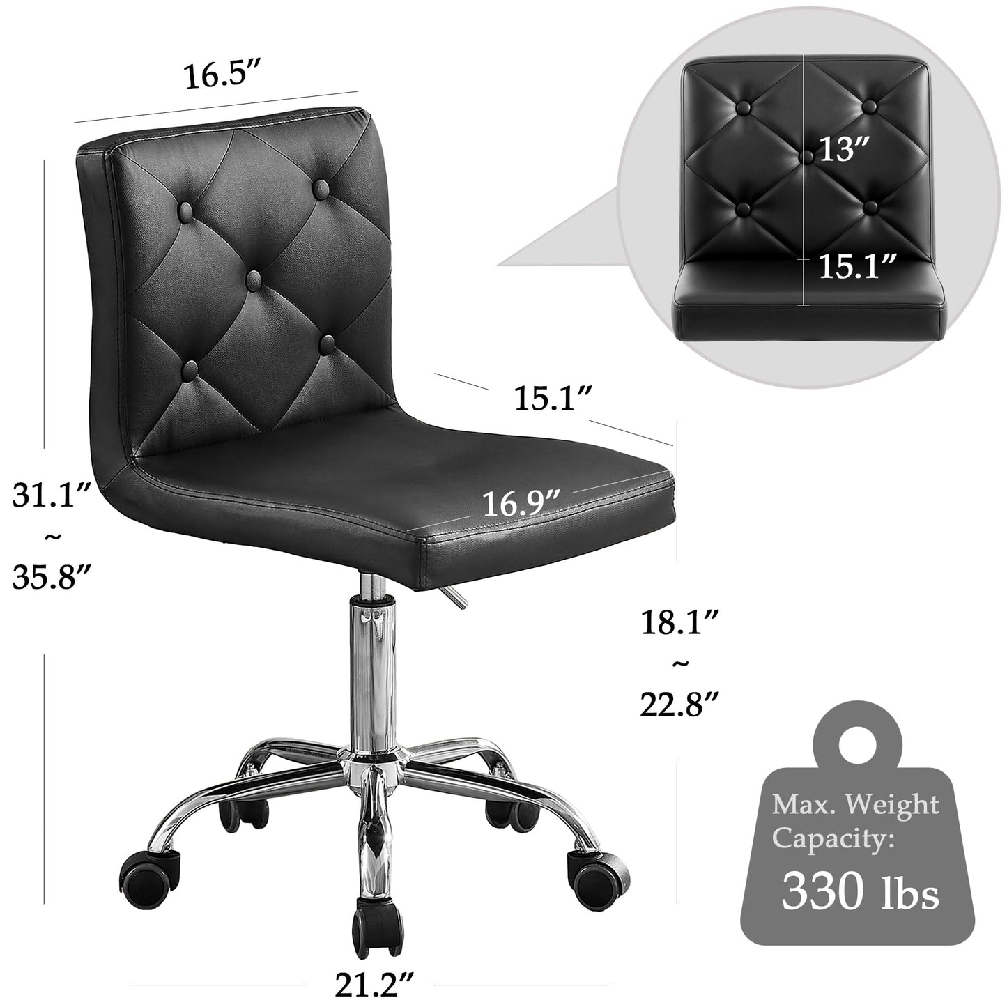 VECELO PU Leather Mid-Back Armless Vanity Chair Adjustable Height 360° Rolling Swivel for Home Office Work
