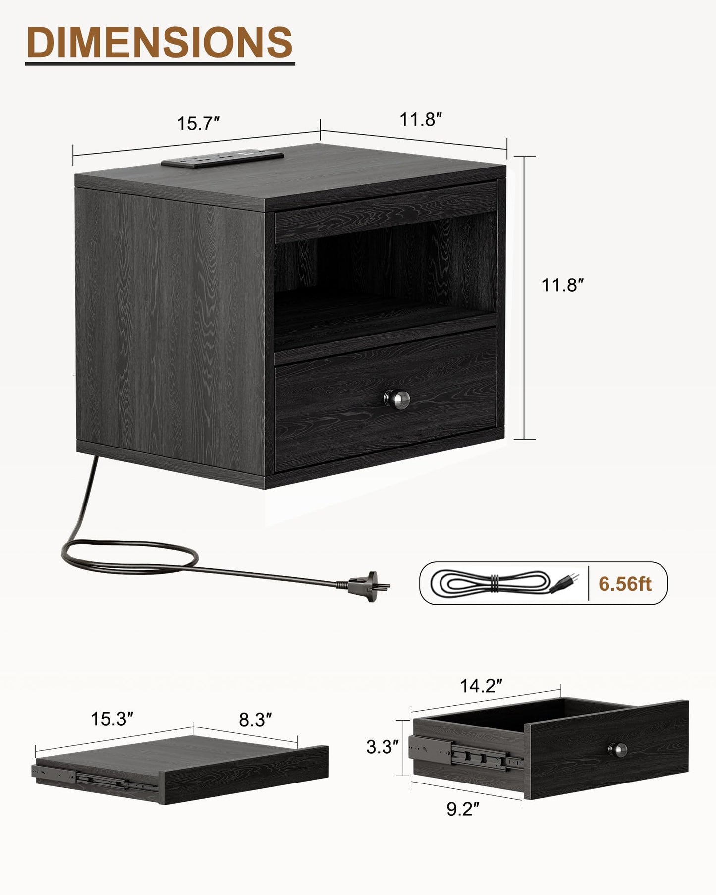 Floating Nightstand with Charging Station,Modern Bedside Table with Drawers and Extension Panel, Small Wall Mounted Nightstands for Bedroom Room,Floating Sofa Side Table( Black )