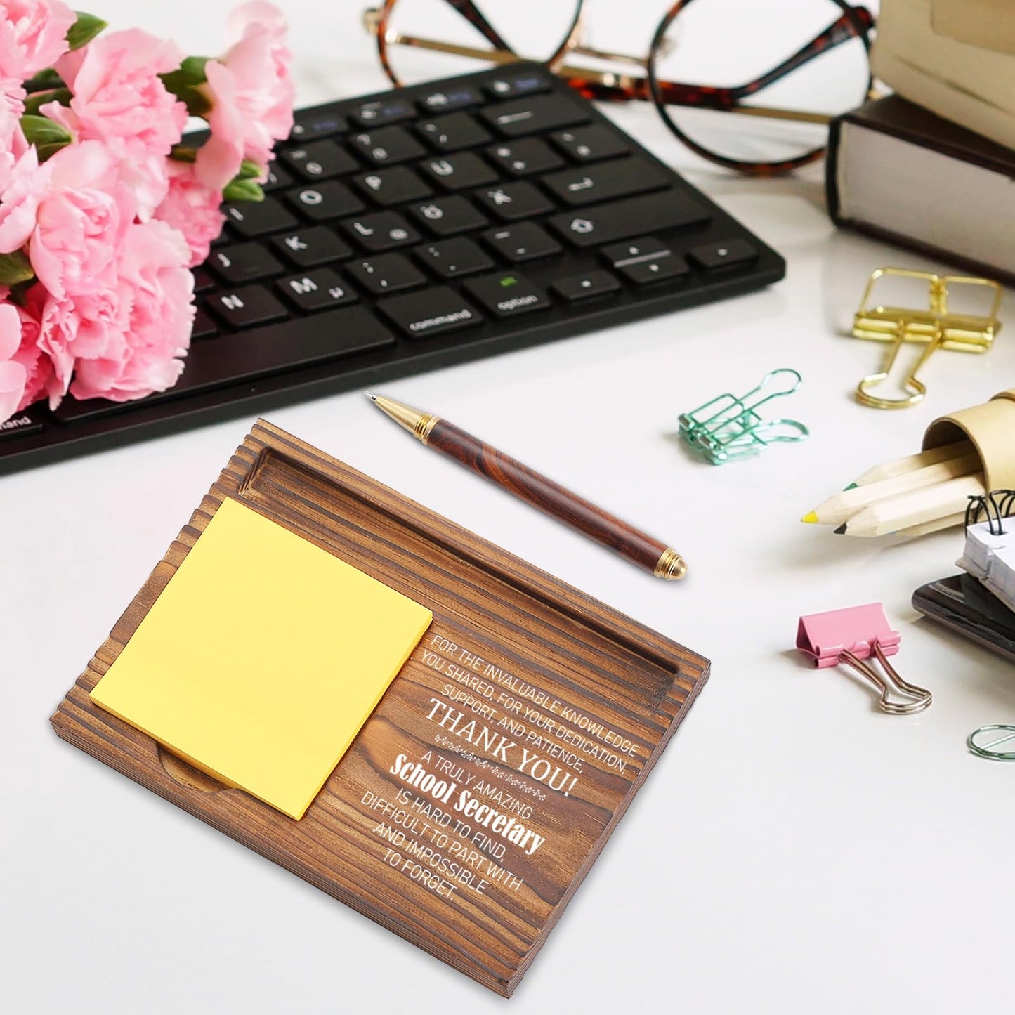 School Secretary Appreciation Gift, Office Desk Organizer, Thank You Sticky Note Holder for Administrative Assistants, School Receptionists, Front Office Staff Recognition Gift TZP90