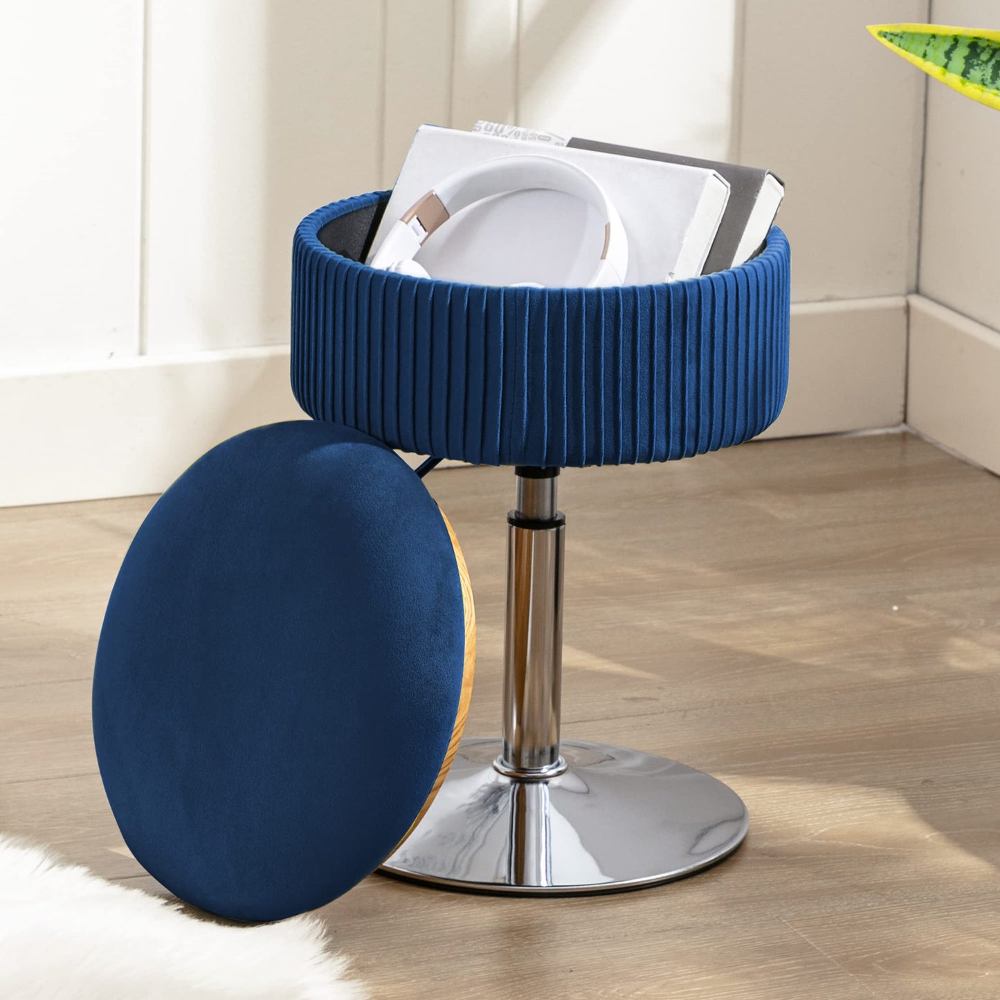 LUE BONA 360°Swivel Vanity Stool Chair for Makeup Room, Height Adjustable Stool for Vanity with Storage, Small Navy Blue Velvet for Bathroom, Living Room