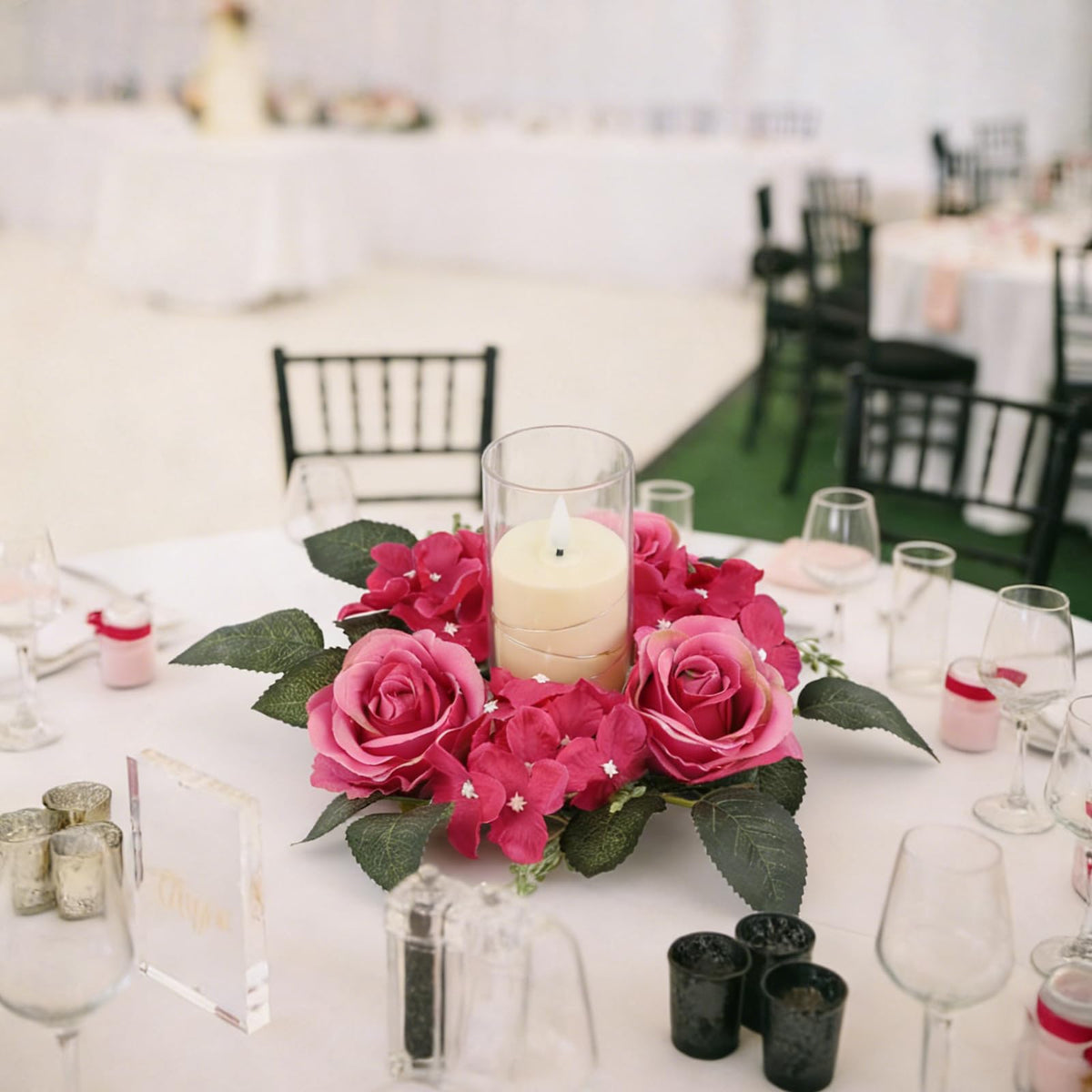 UUXX 4PCS Candle Rings for Pillars, Silk Roses Hydrangea Artificial Flowers Candle Wreaths Rings for Table Centerpieces Wedding Valentine's Day Party Decor(Hot Pink)